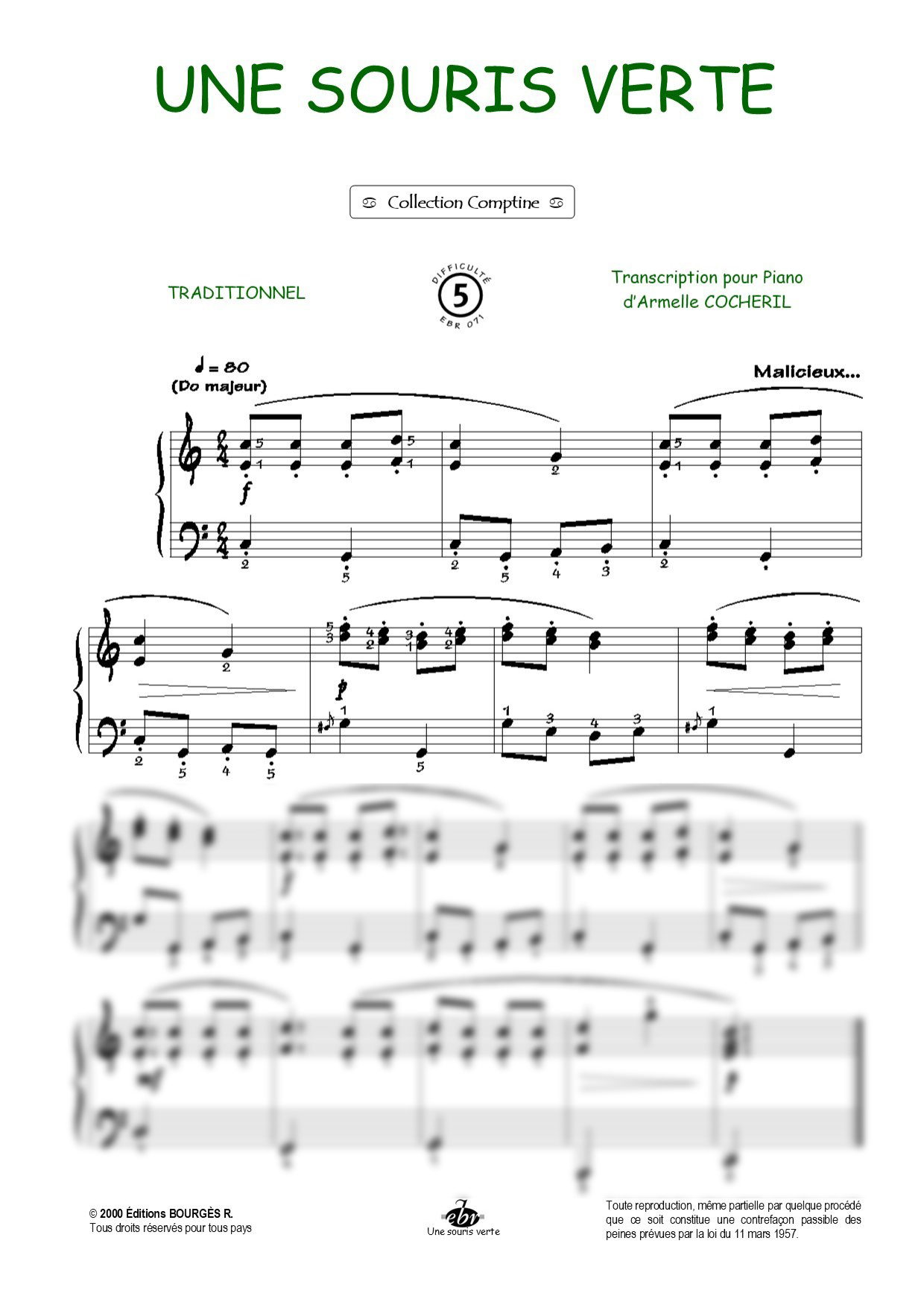 Une souris verte Piano Sheet Music from Editions Bourgès R.