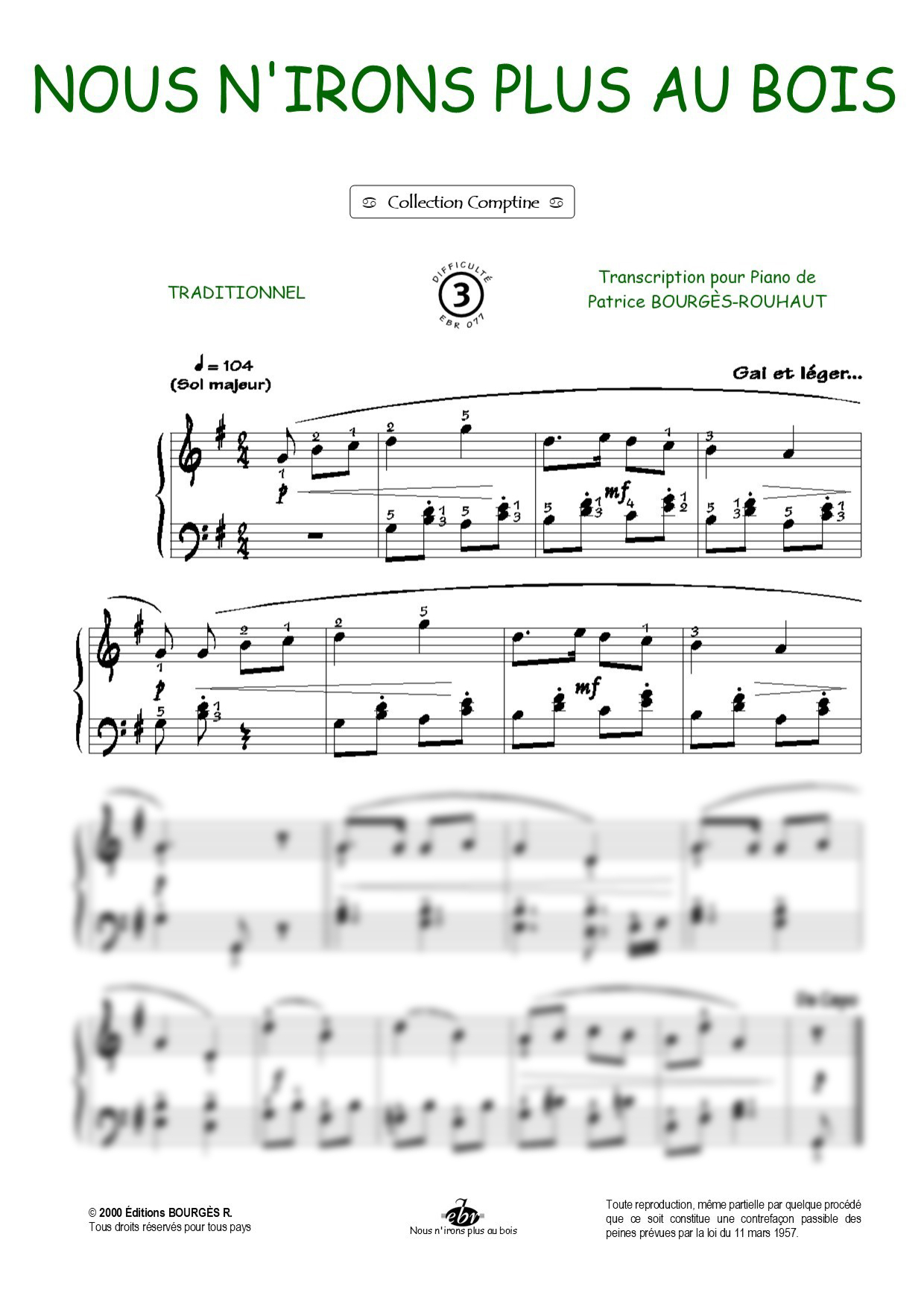 Nous n'irons plus au bois Piano Sheet Music from Editions Bourgès R.