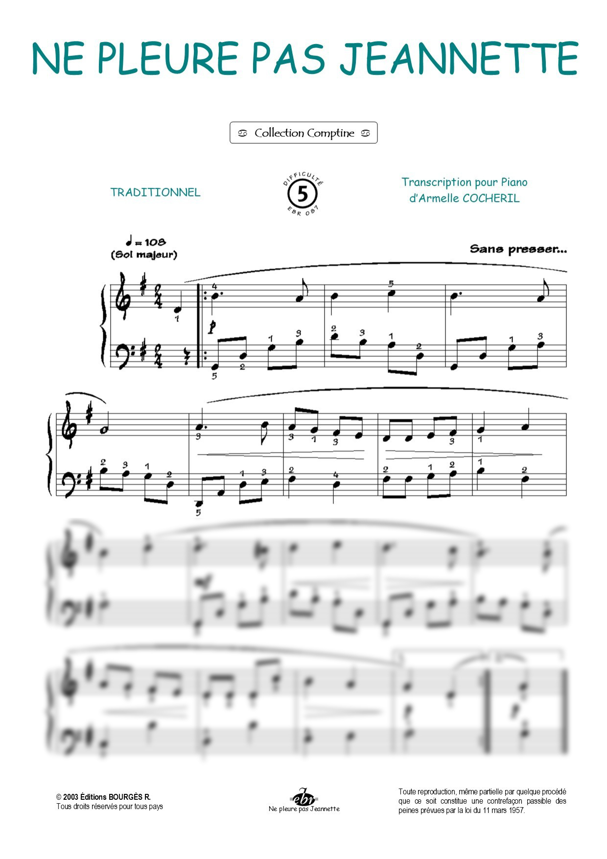 Partition piano Ne pleure pas Jeannette de Editions Bourgès R.