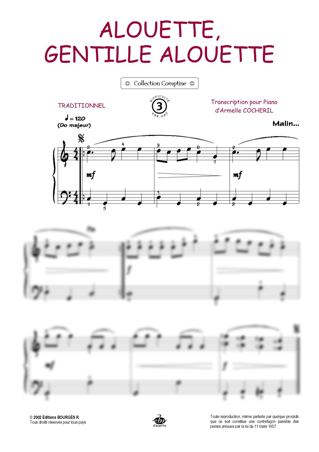 Partition piano Alouette, gentille alouette de Editions Bourgès R.