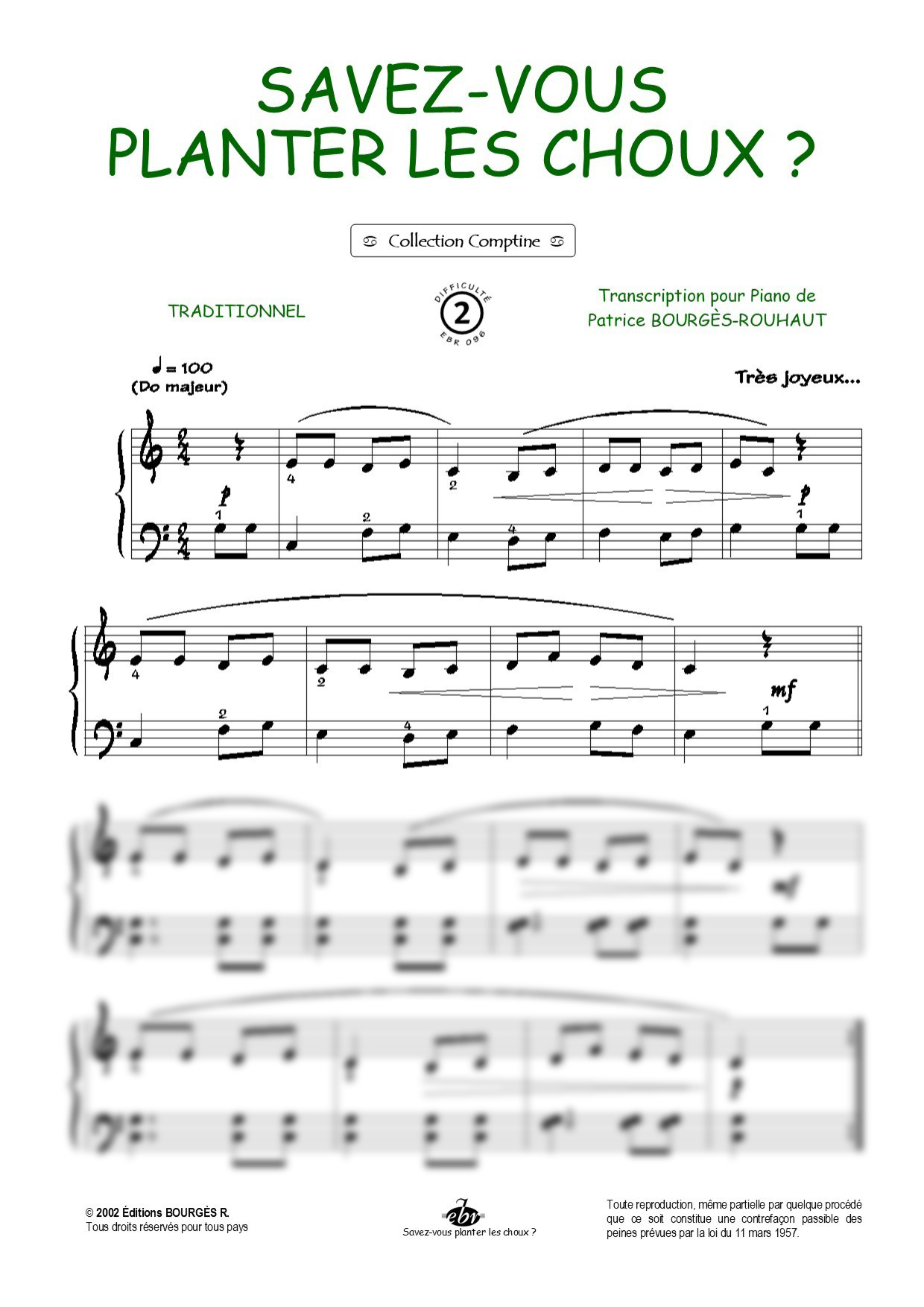 Savez-vous planter les choux ? Piano Sheet Music from Editions Bourgès R.