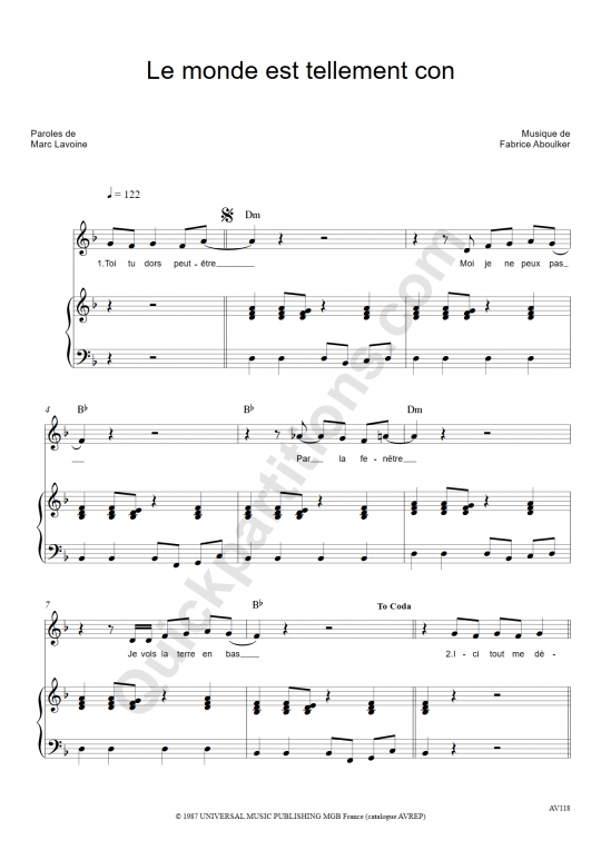 Partition piano Le monde est tellement con - Marc Lavoine