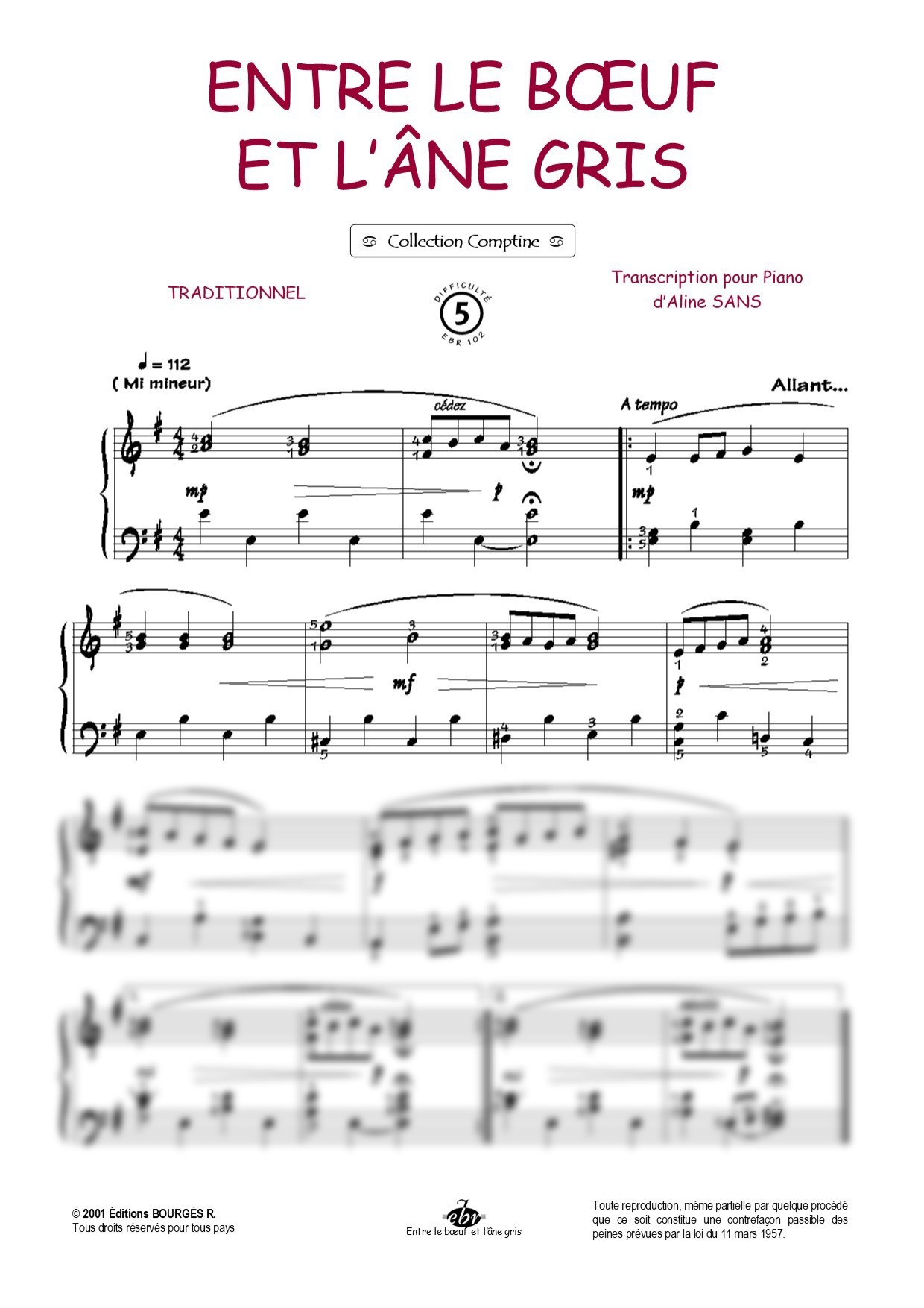 Partition piano Entre le boeuf et l'âne gris de Editions Bourgès R.