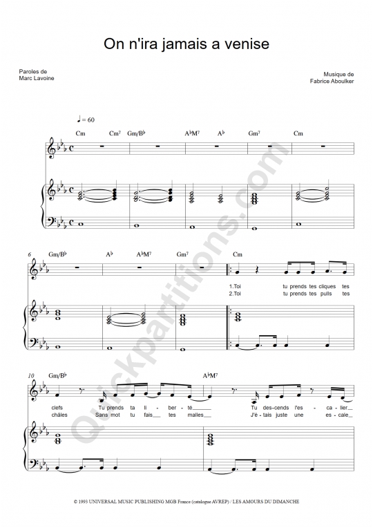 Partition piano On n'ira jamais à venise - Marc Lavoine
