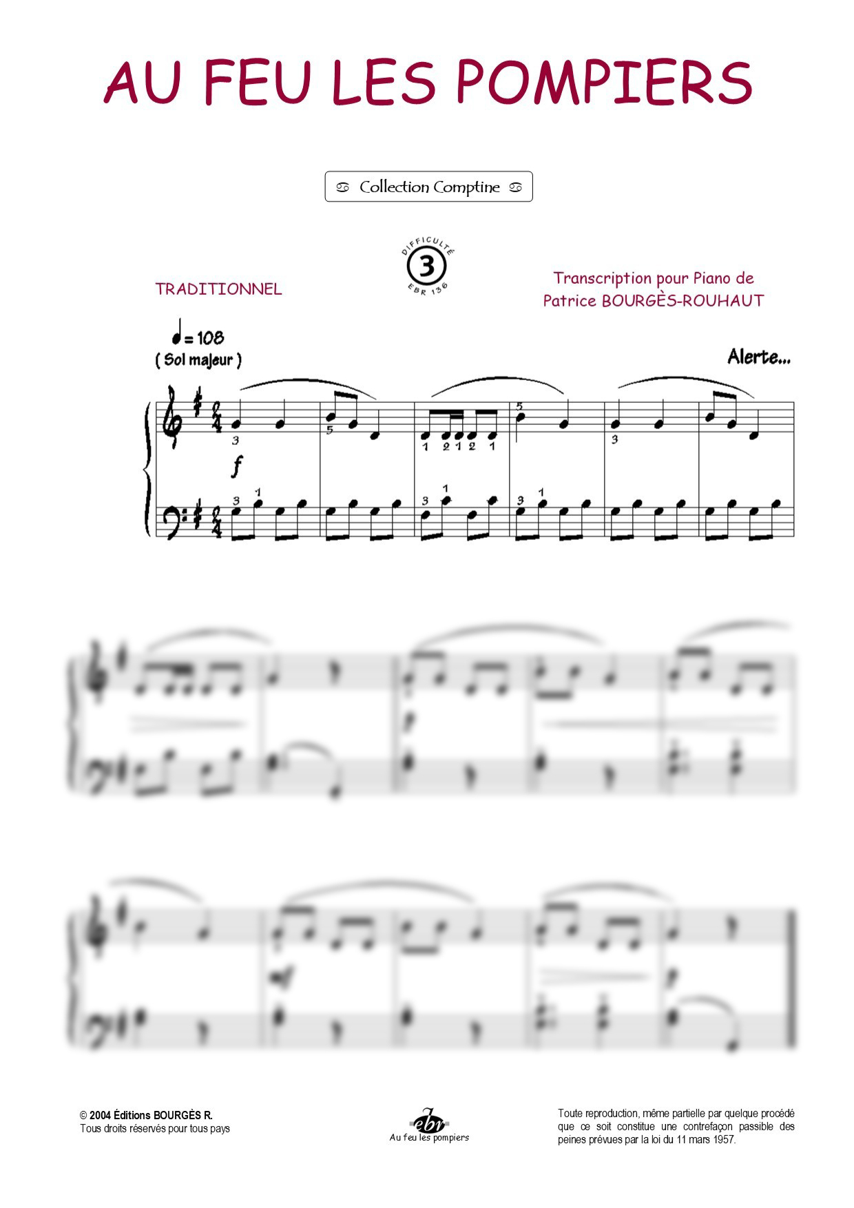 Partition piano Au feu les pompiers de Editions Bourgès R.