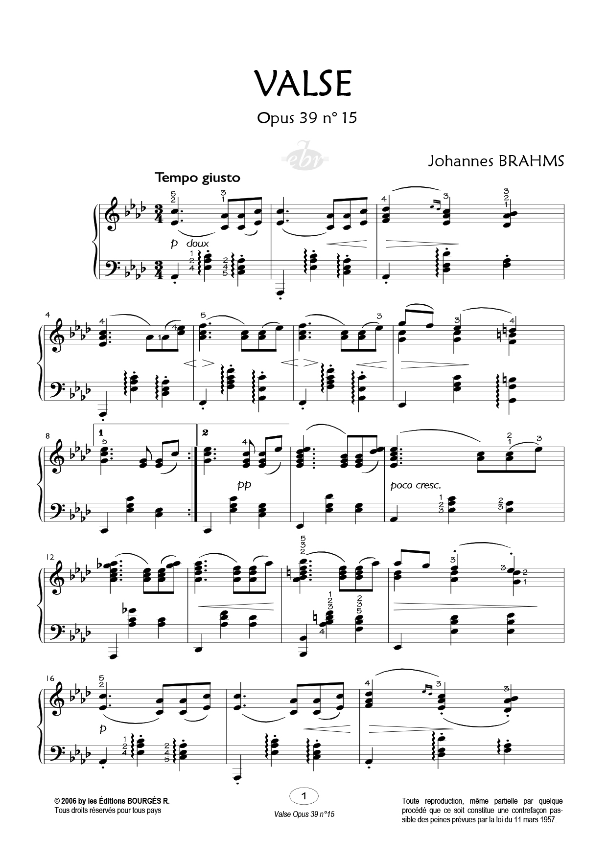Partition piano Valse (Opus 39 N°15) de Editions Bourgès R.