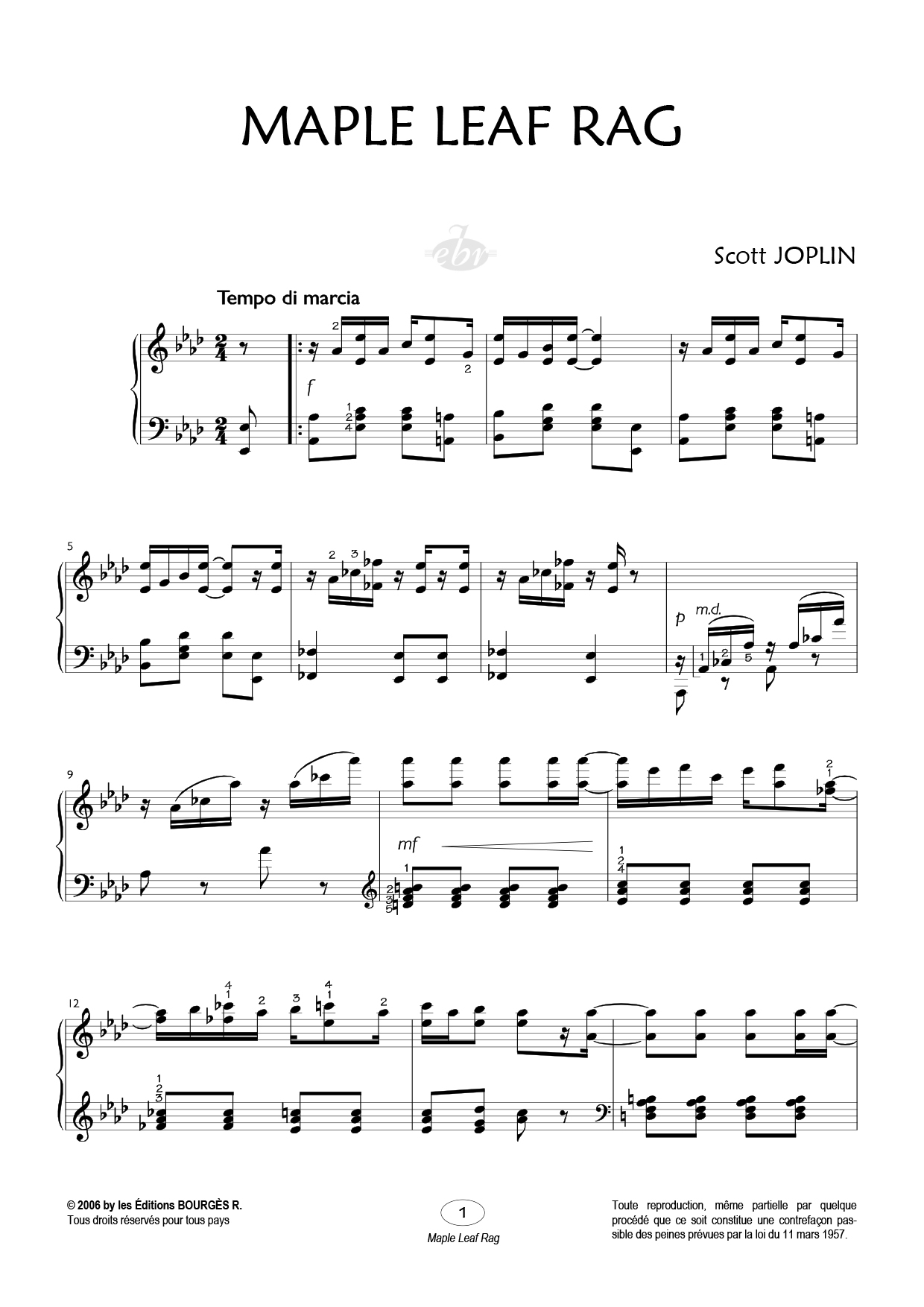 Partition piano Maple Leaf Rag de Editions Bourgès R.