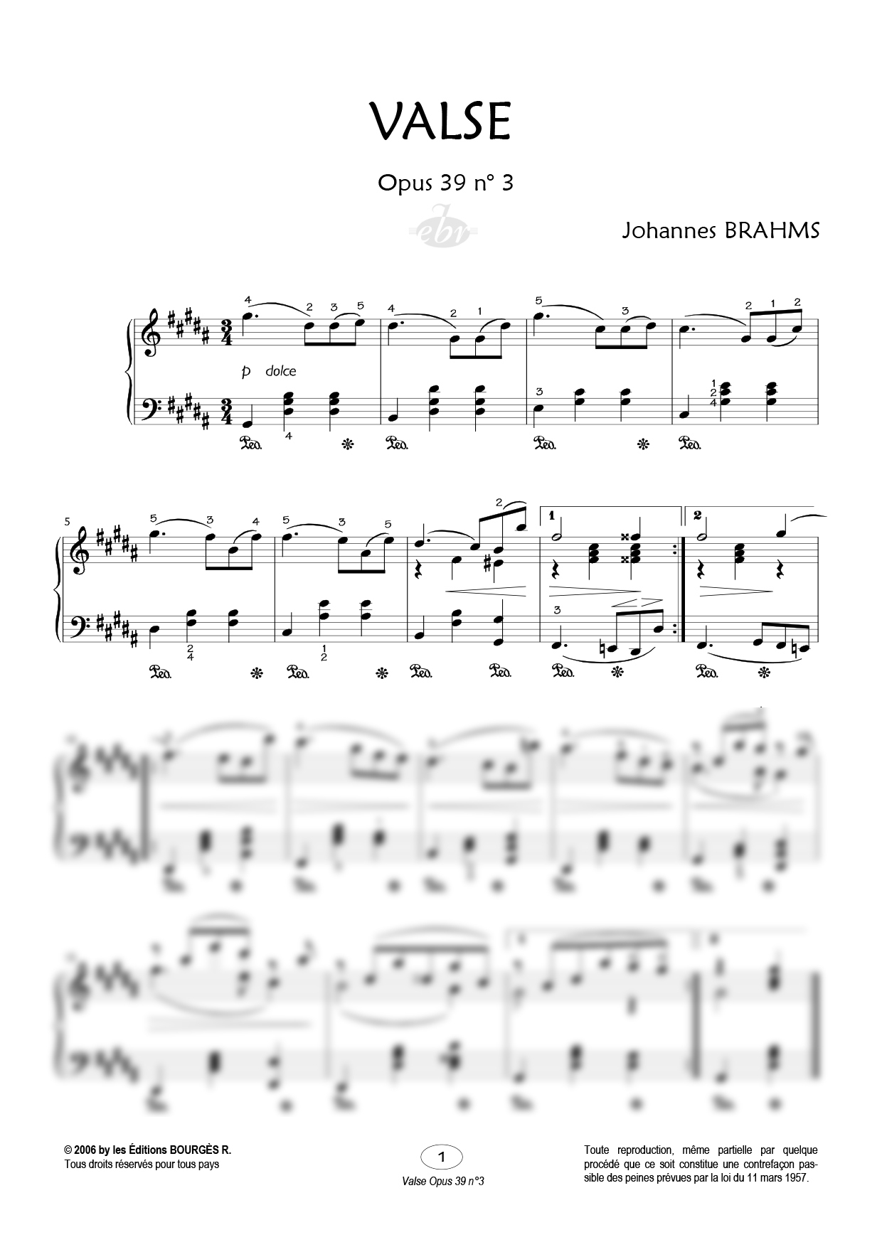 Partition piano Valse (Opus 39 N°3) de Editions Bourgès R.