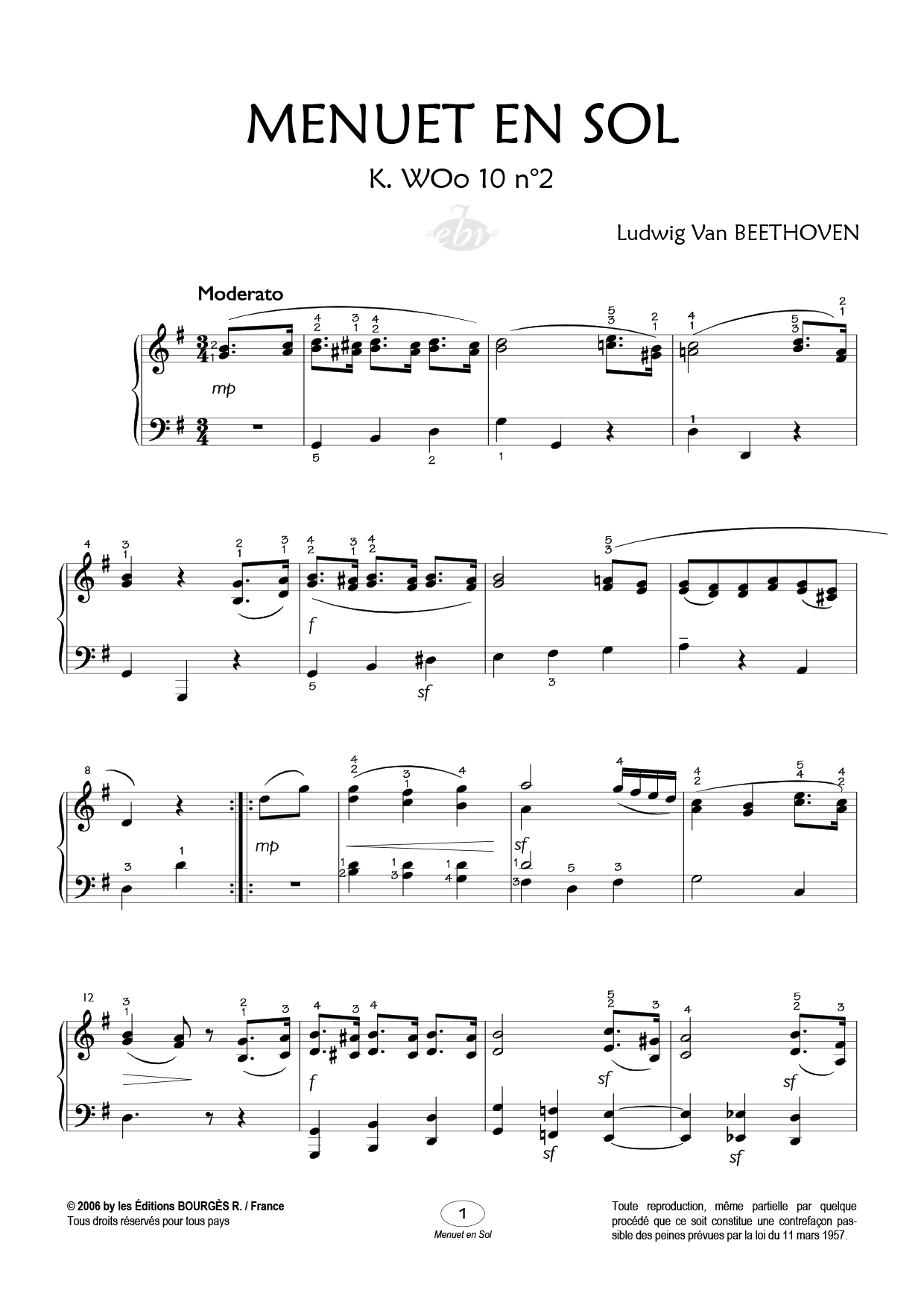 Menuet en Sol Majeur Piano Sheet Music from Editions Bourgès R.