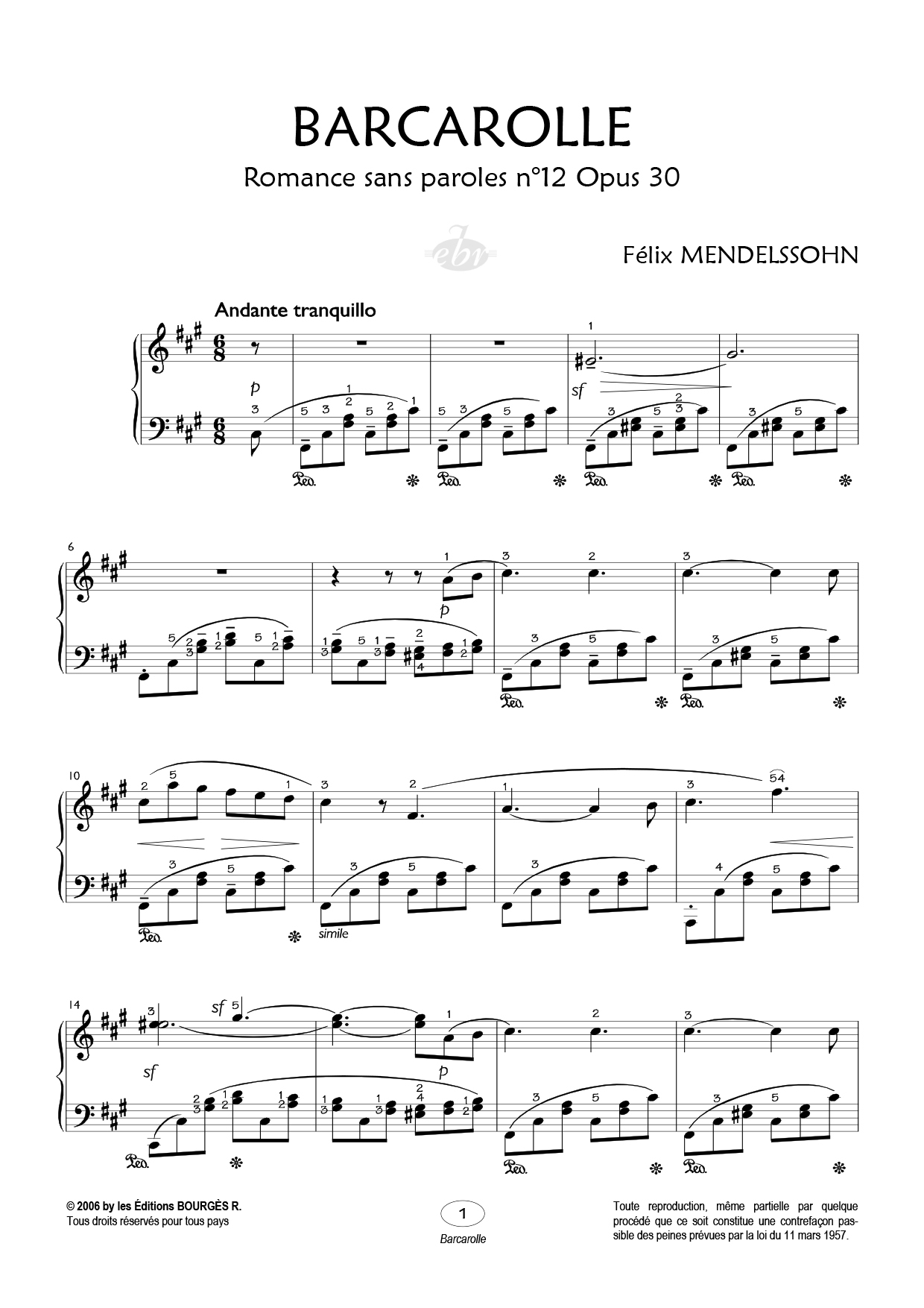 Partition piano Barcarolle de Editions Bourgès R.