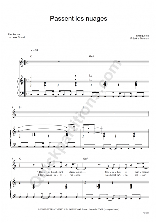 Partition piano Passent les nuages - Marc Lavoine