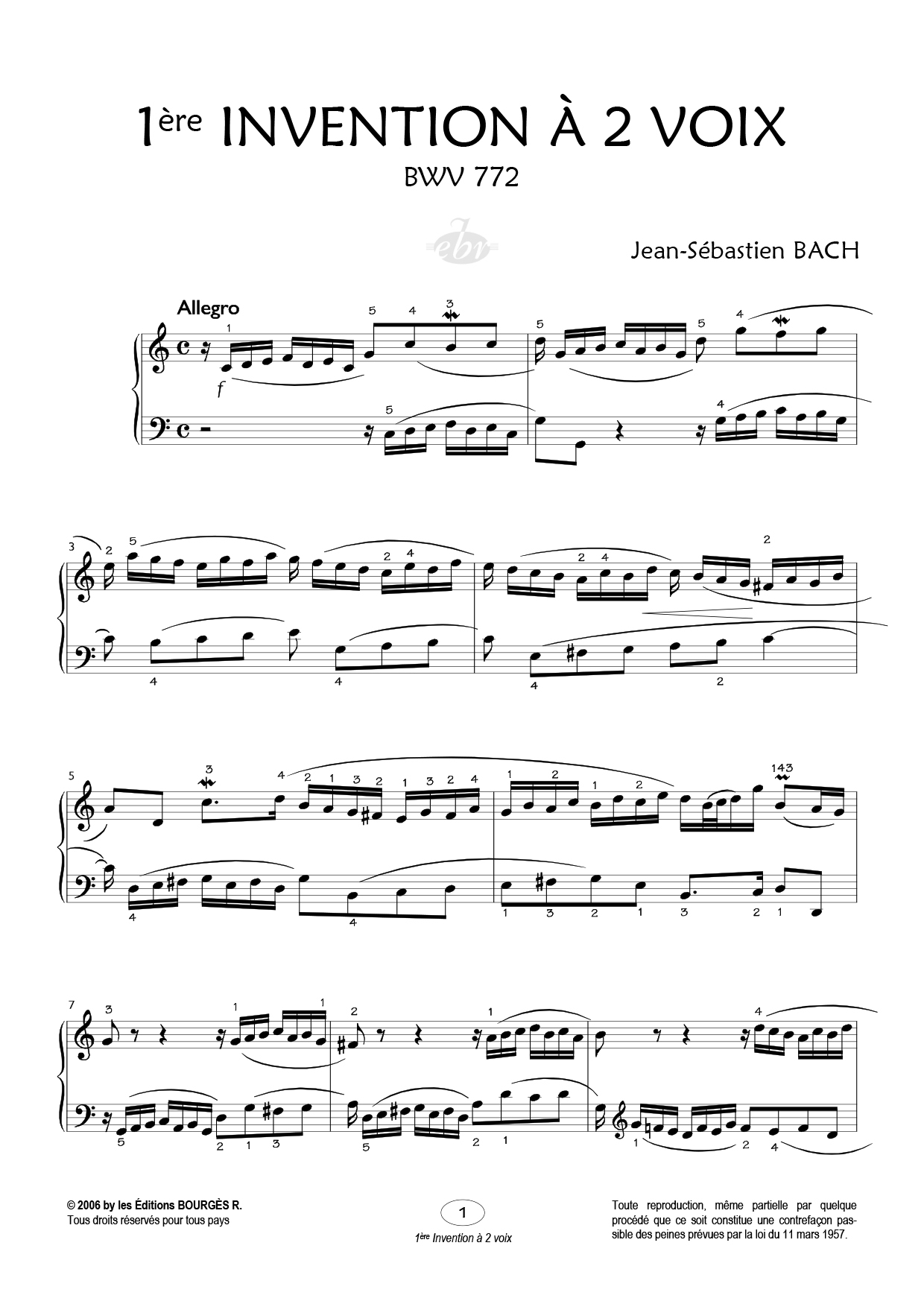 Partition piano 1ère Invention à 2 Voix de Editions Bourgès R.