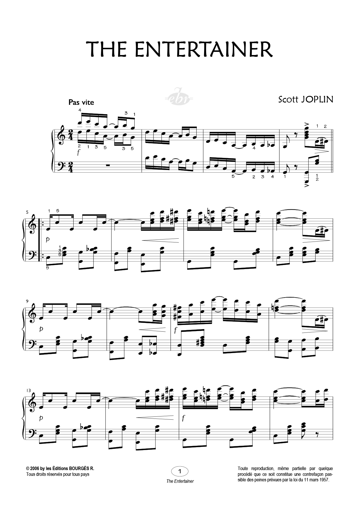 Partition piano The Entertainer de Editions Bourgès R.