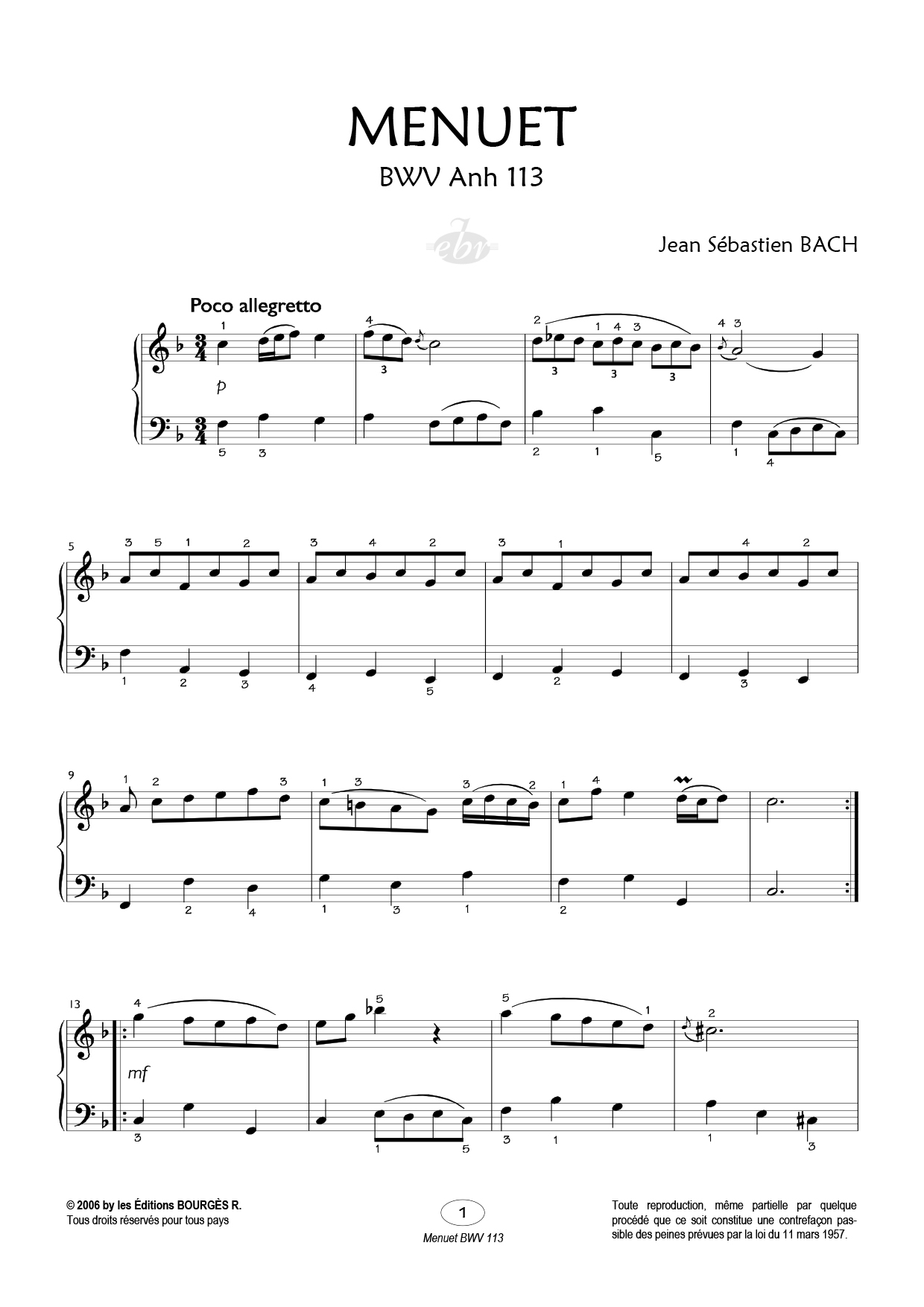 Partition piano 2 Menuets de Editions Bourgès R.