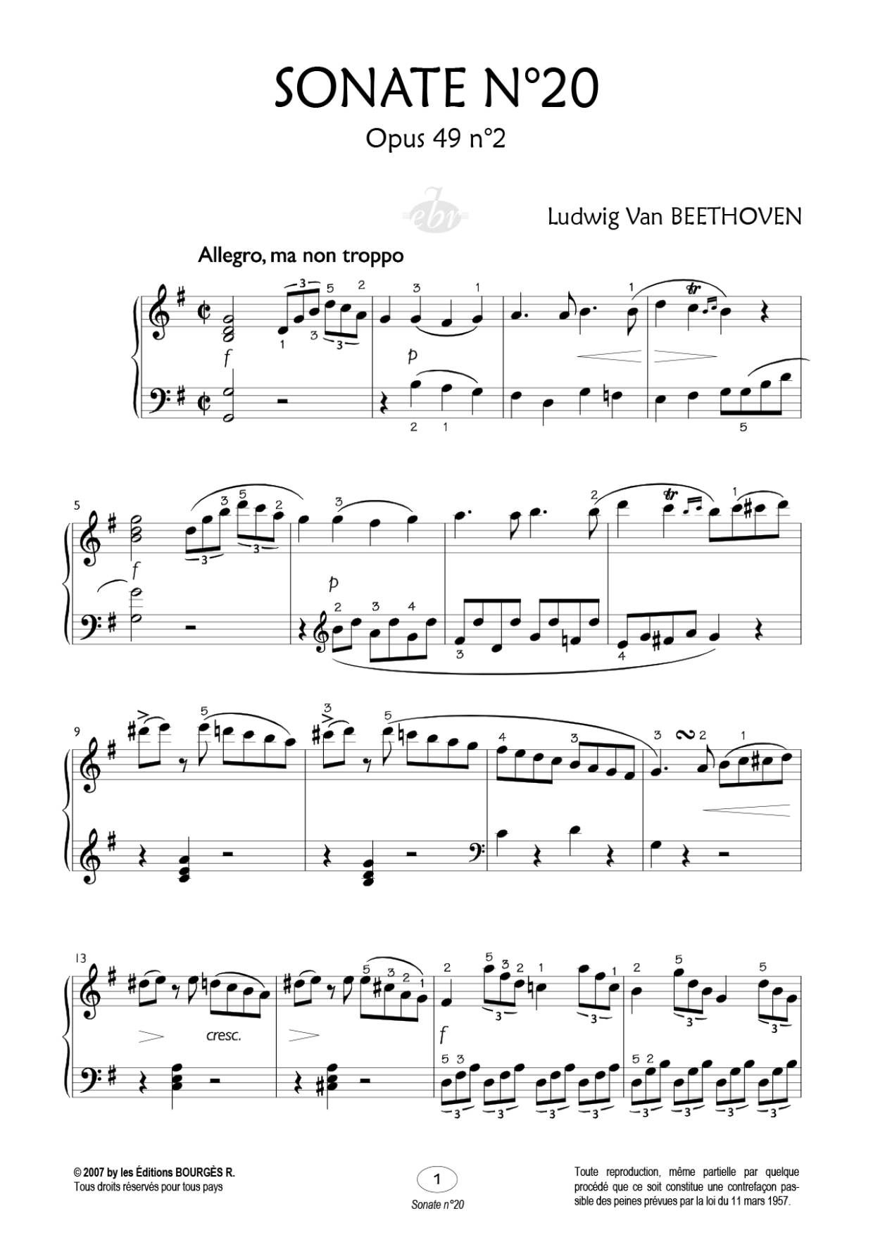 Partition piano Sonate N°20 de Editions Bourgès R.