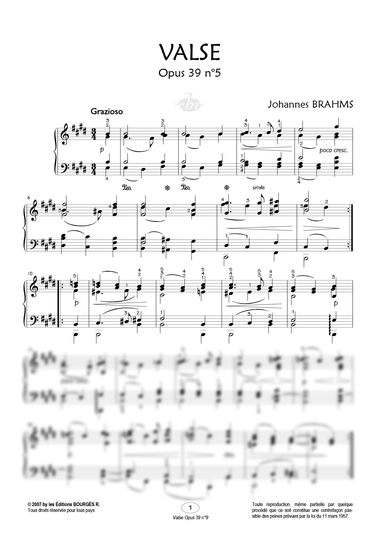Partition piano 2 Valses (OP 39 N° 5 et 9) de Editions Bourgès R.