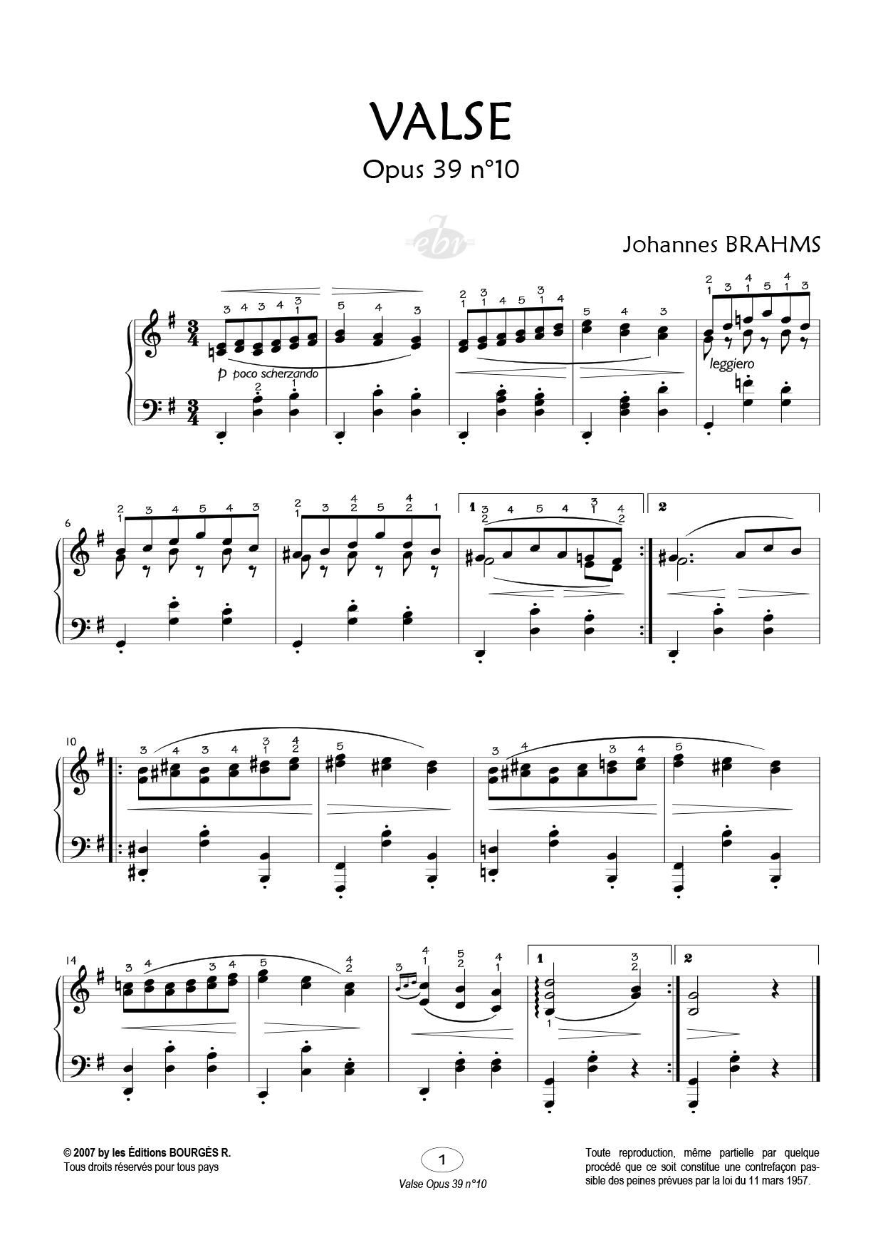 Partition piano 2 Valses (OP 39 N° 10 et 11) de Editions Bourgès R.