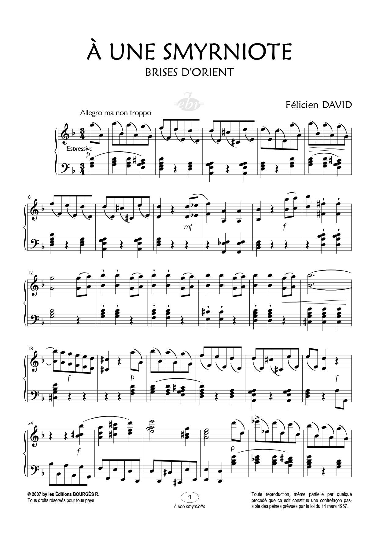 Partition piano A une Smyrniote de Editions Bourgès R.