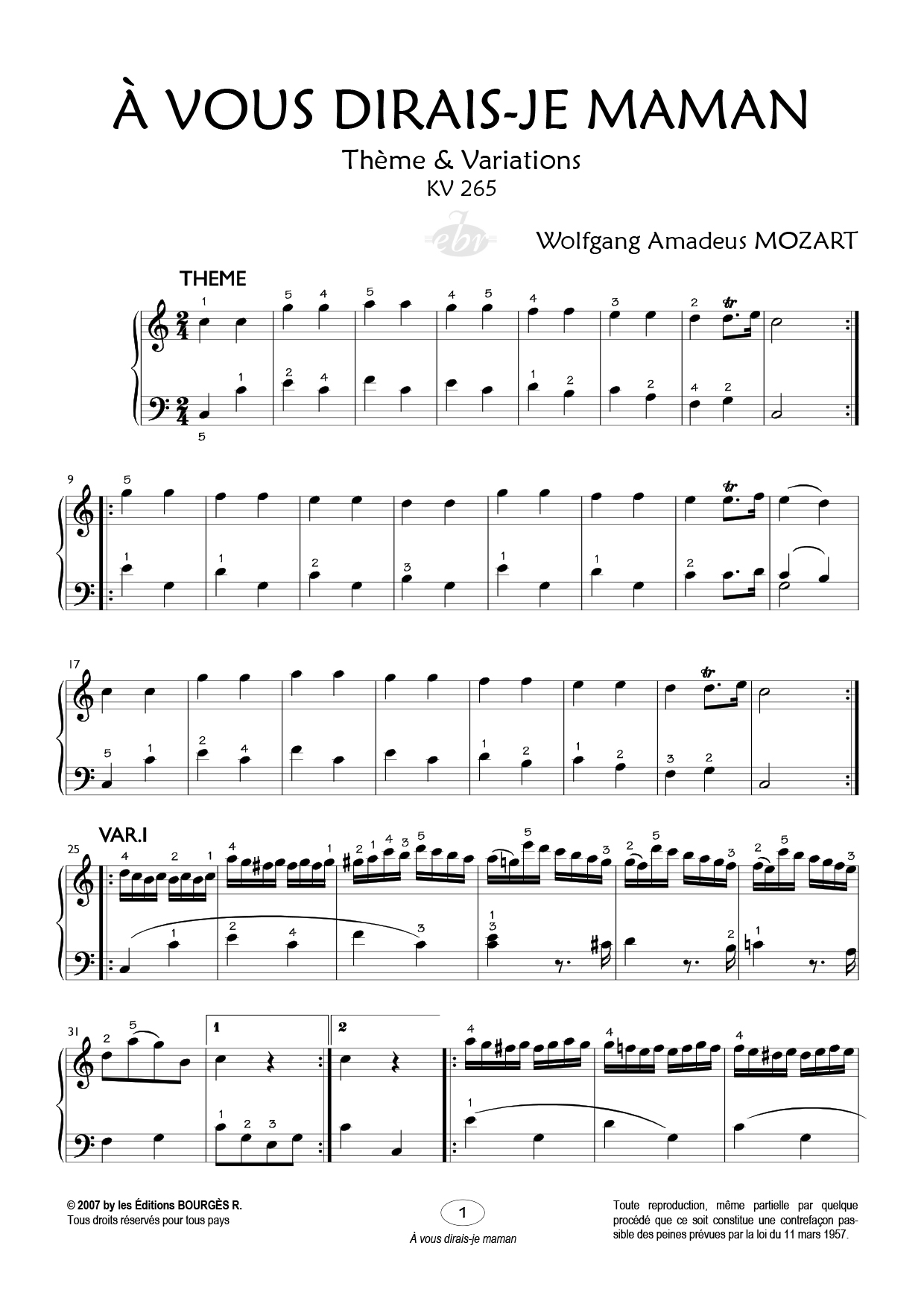 Partition piano A vous dirai-je Maman de Editions Bourgès R.