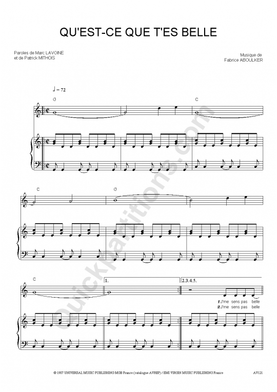 Partition piano Qu'est-ce que t'es belle - Marc Lavoine