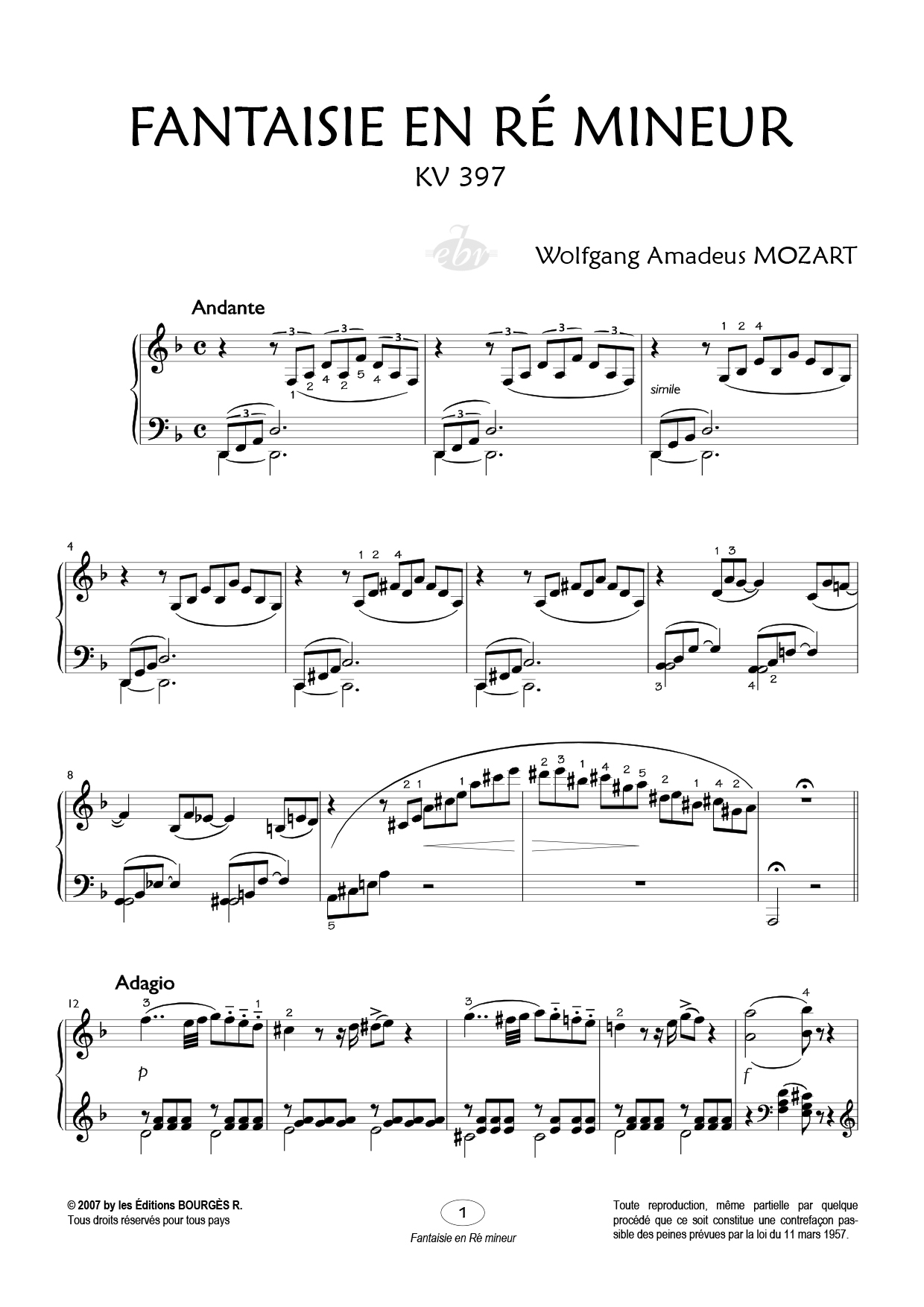 Partition piano Fantaisie en Ré mineur de Editions Bourgès R.