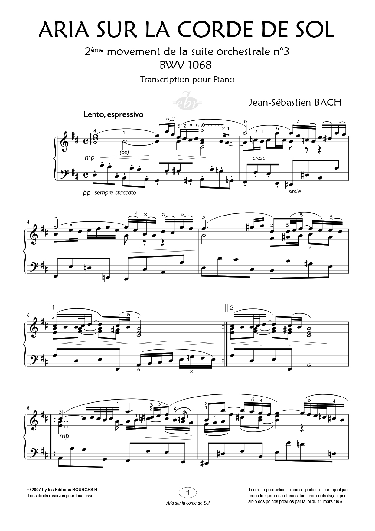 Partition piano Aria sur la corde de sol de Editions Bourgès R.
