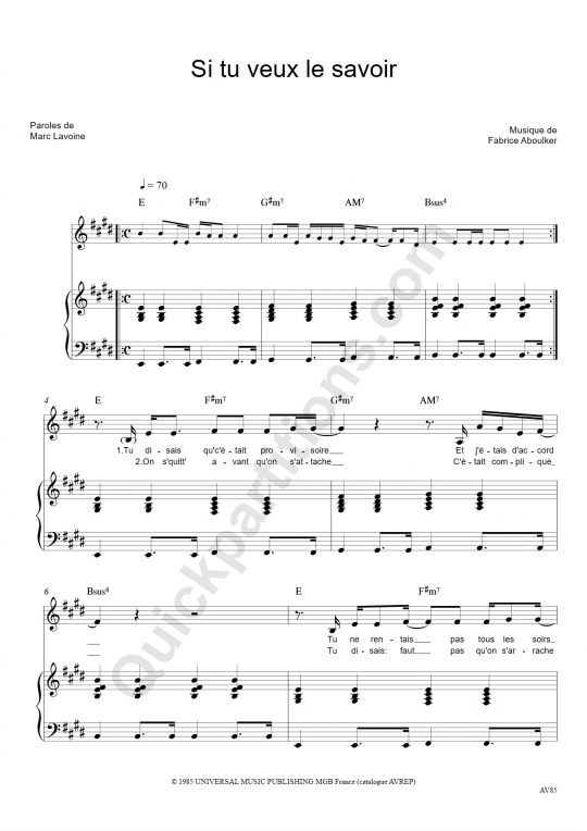 Si tu veux le savoir Piano Sheet Music - Marc Lavoine