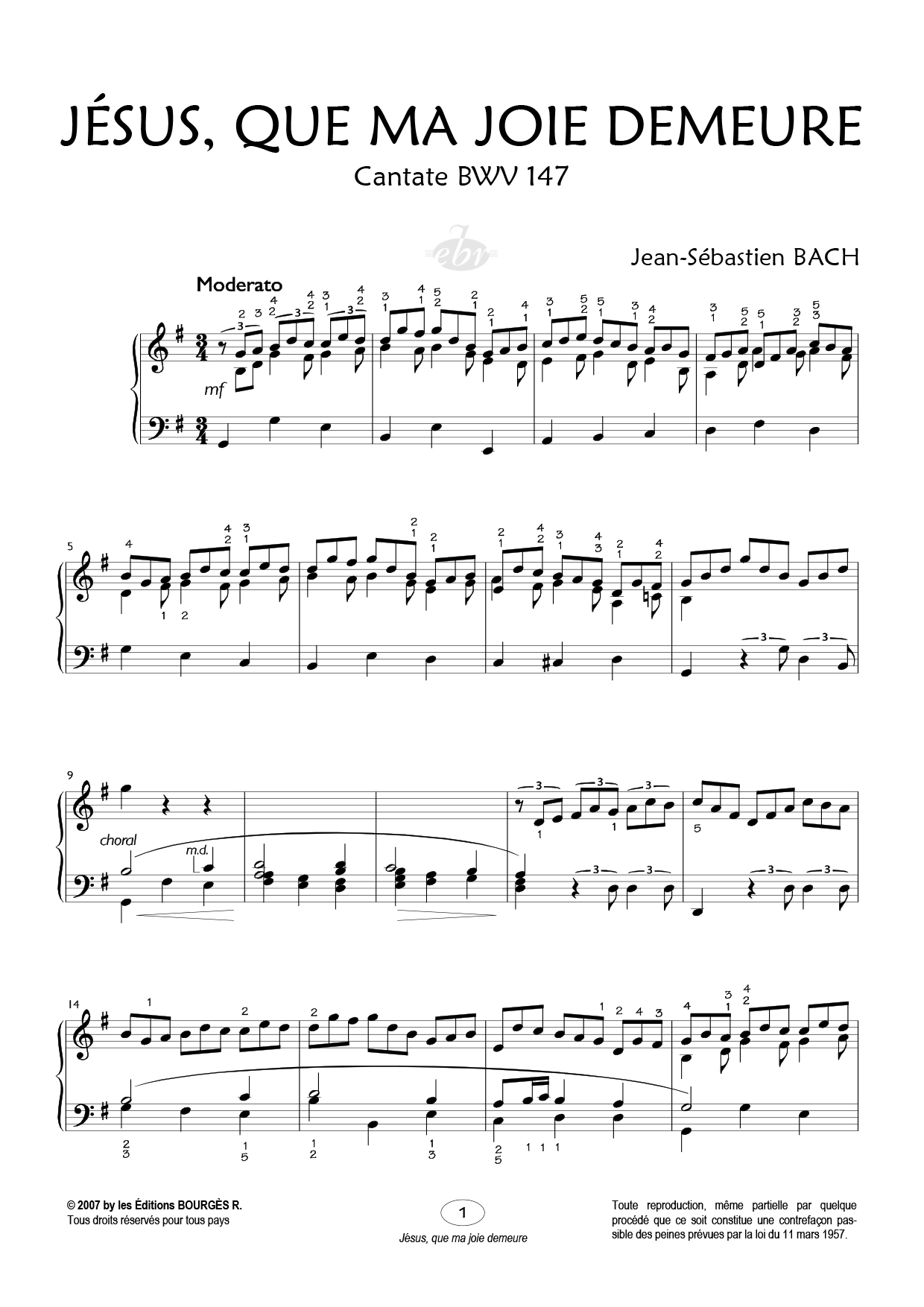 Partition piano Jésus, que ma joie demeure de Editions Bourgès R.