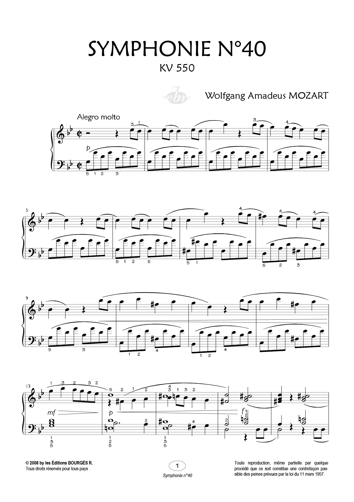 Partition piano Symphonie n°40 de Editions Bourgès R.
