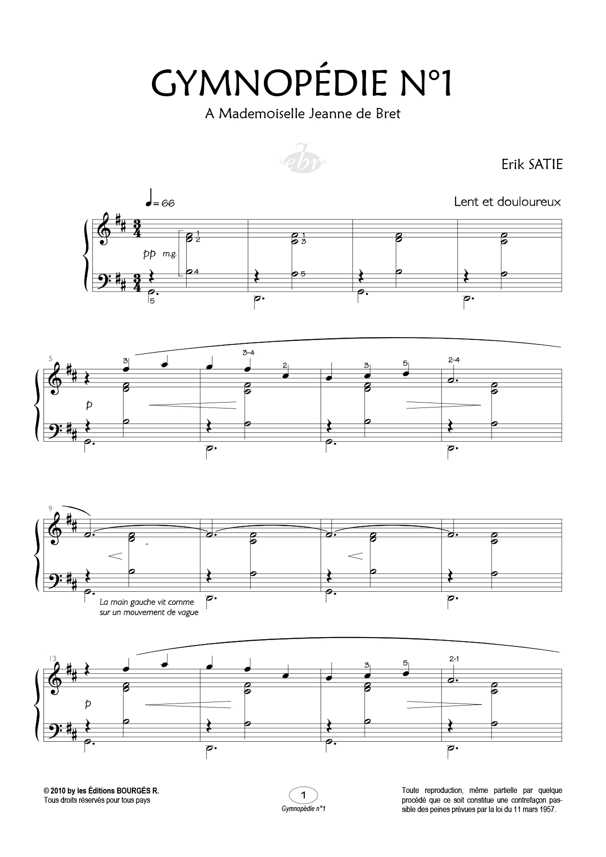 Partition piano Gymnopédie n°1 de Editions Bourgès R.