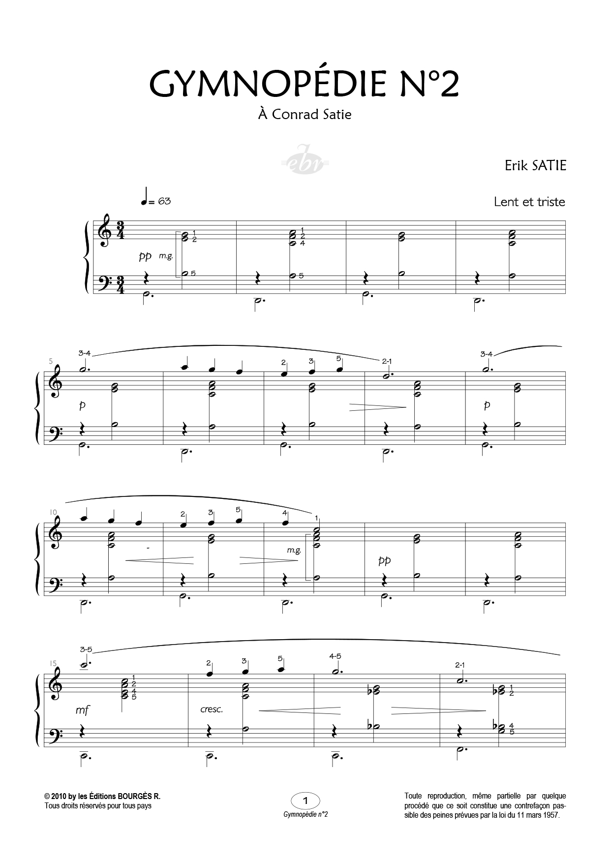 Partition piano Gymnopédie n°2 de Editions Bourgès R.
