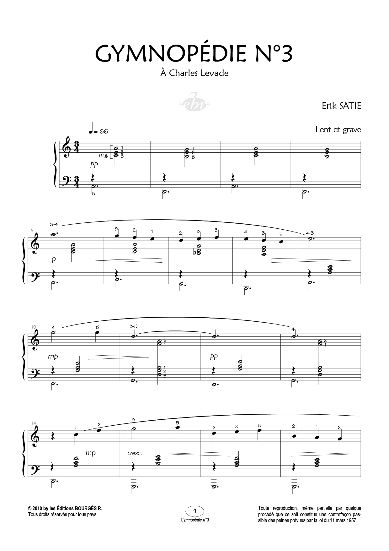 Partition piano Gymnopédie n°3 de Editions Bourgès R.