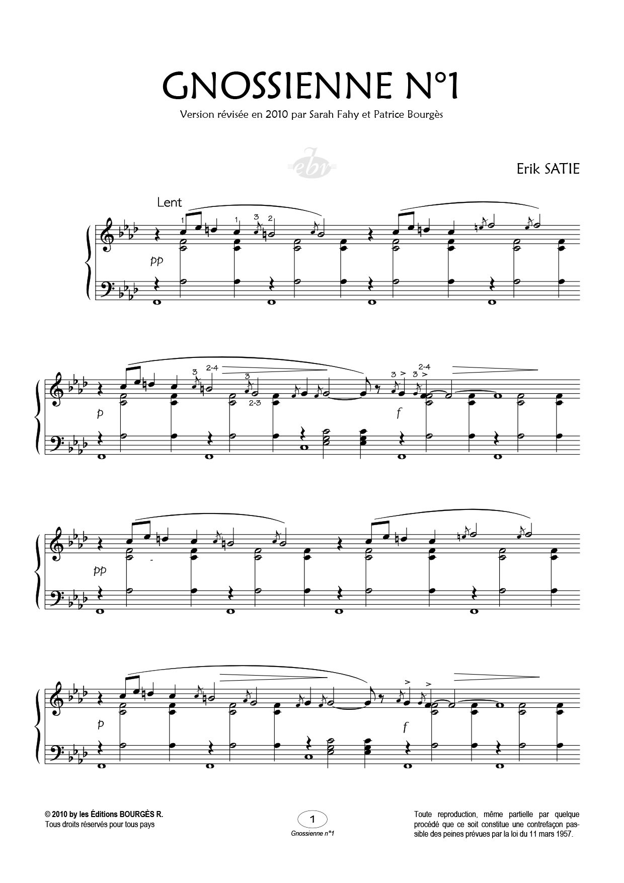 Partition piano Gnossienne n°1 de Editions Bourgès R.
