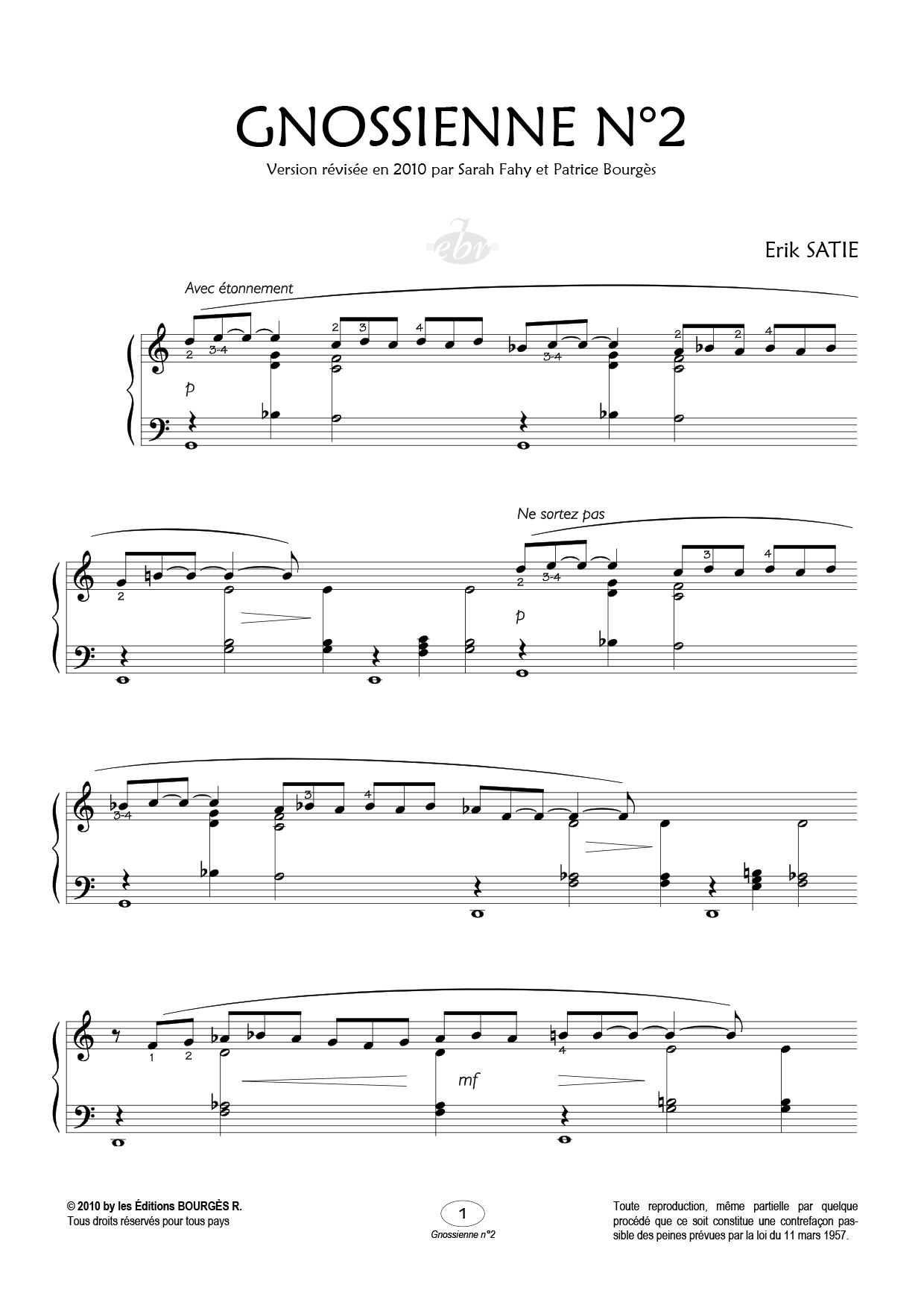 Partition piano Gnossienne n°2 de Editions Bourgès R.