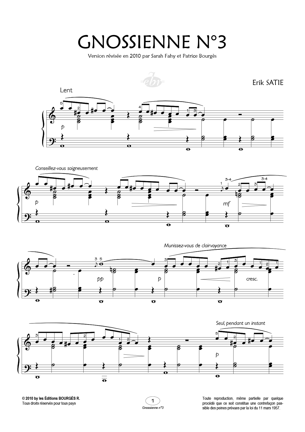 Partition piano Gnossienne n°3 de Editions Bourgès R.