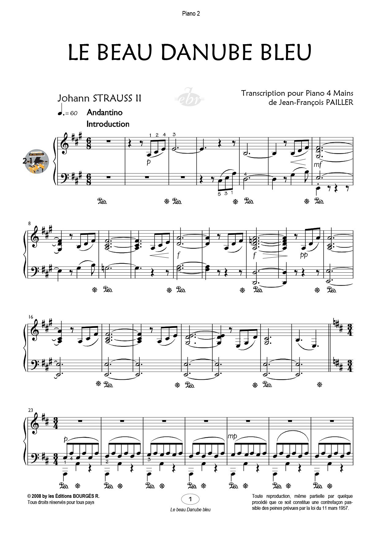 Partition piano quatre mains Le beau Danube bleu de Editions Bourgès R.