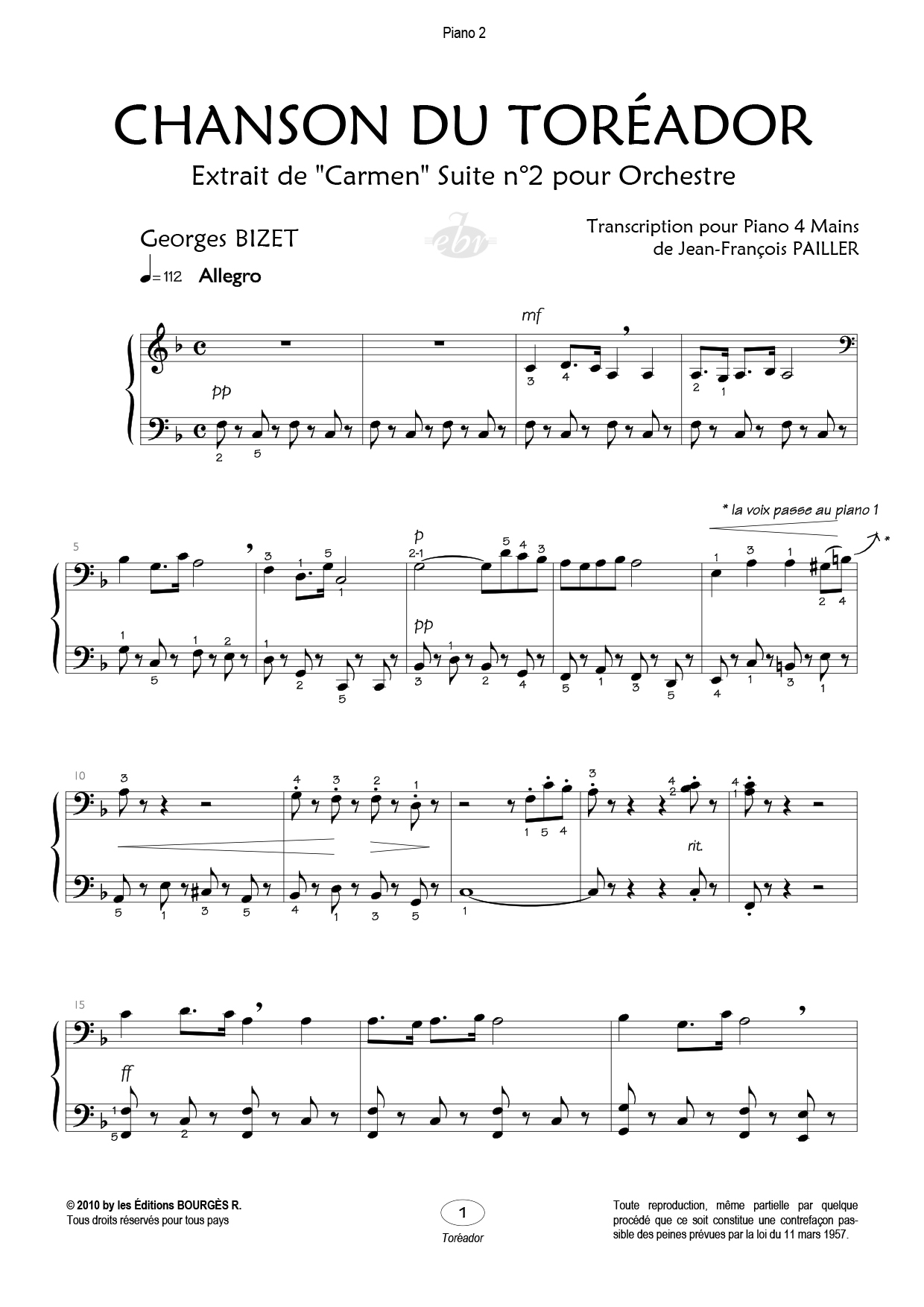 Partition piano quatre mains Chanson du toréador (4 mains) de Editions Bourgès R.