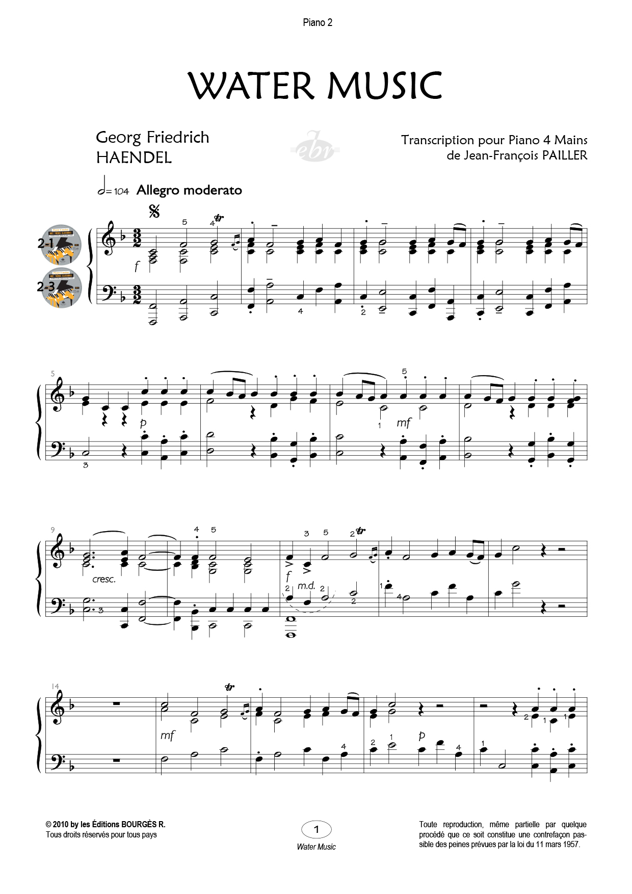 Partition piano quatre mains Water Music de Editions Bourgès R.