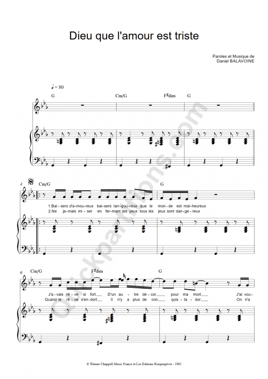 Partition piano Dieu que l'amour est triste - Daniel Balavoine
