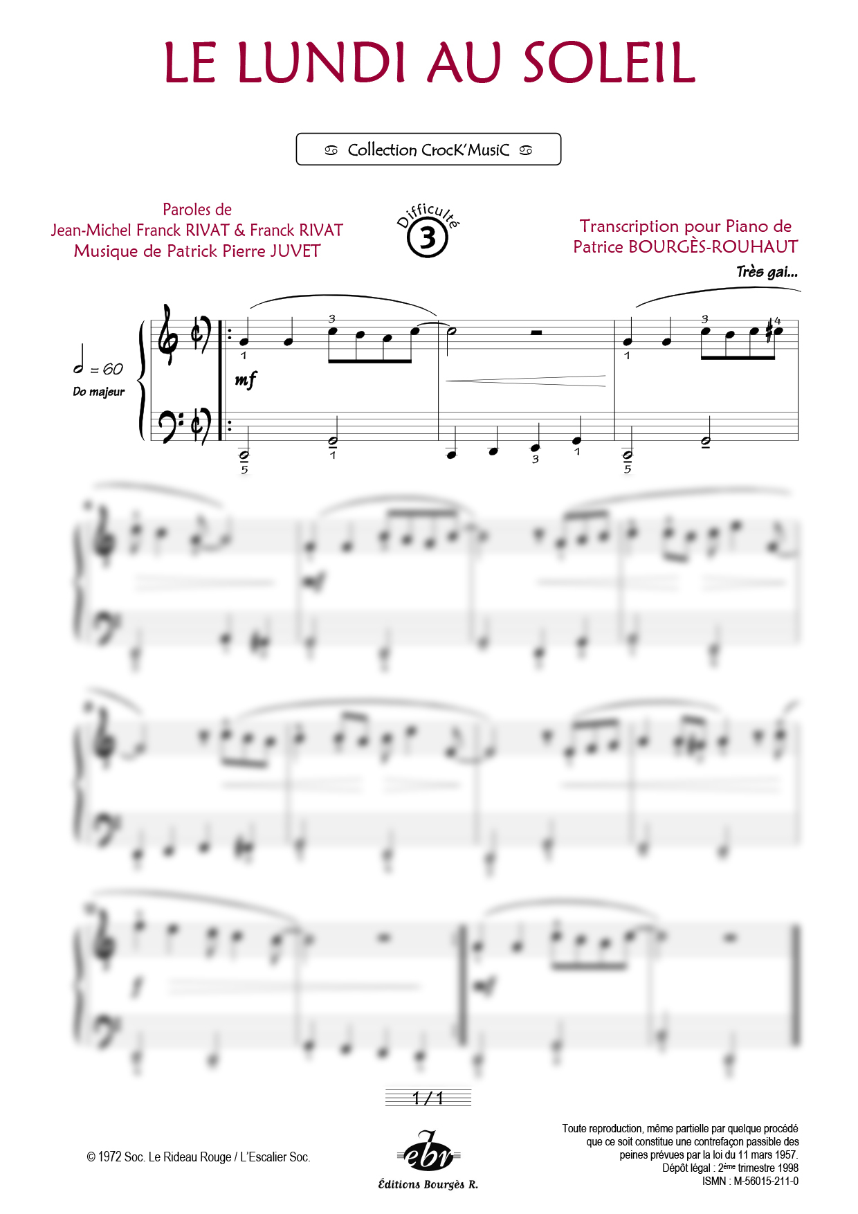 Partition piano Le lundi au soleil de Editions Bourgès R.