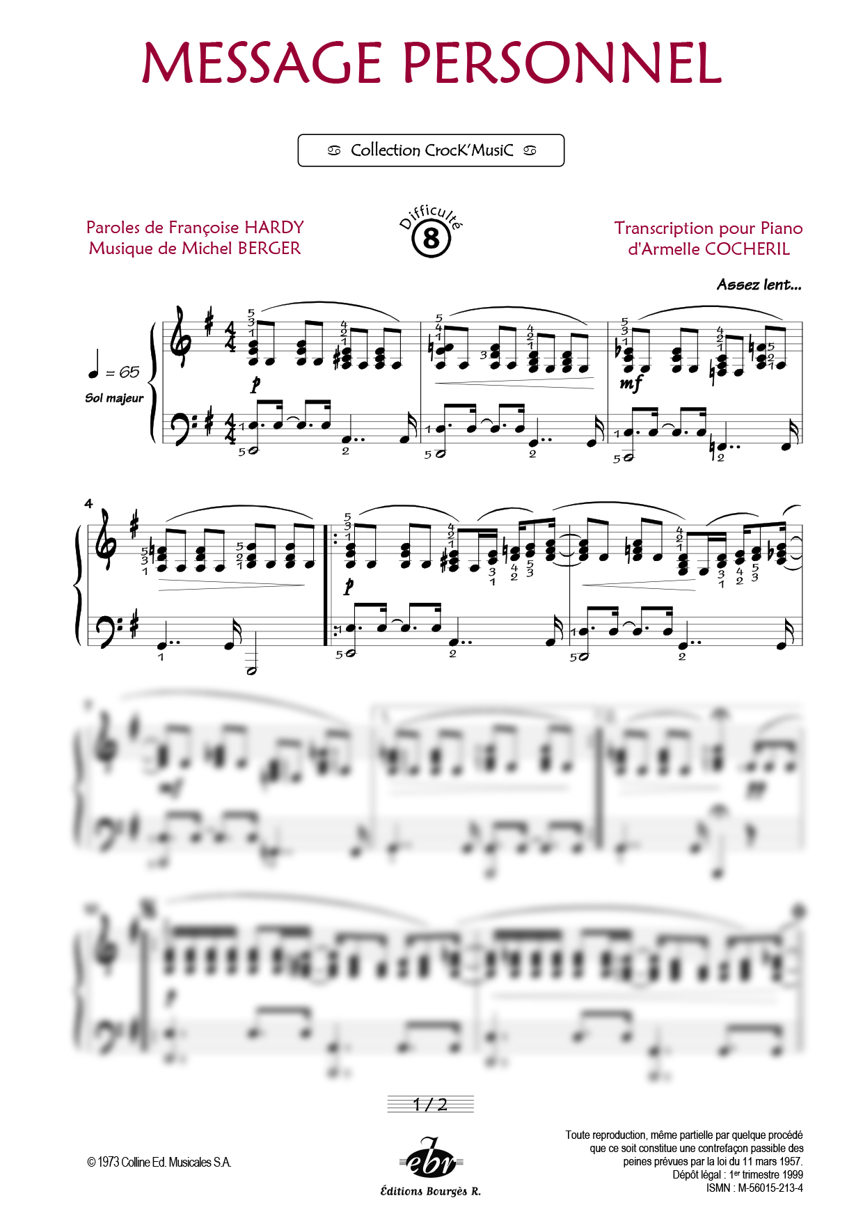 Partition piano Message Personnel de Editions Bourgès R.