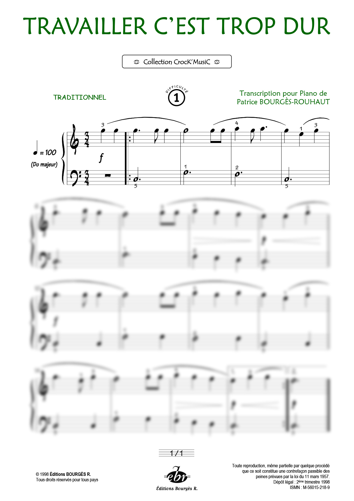Partition piano Travailler c'est trop dur de Editions Bourgès R.
