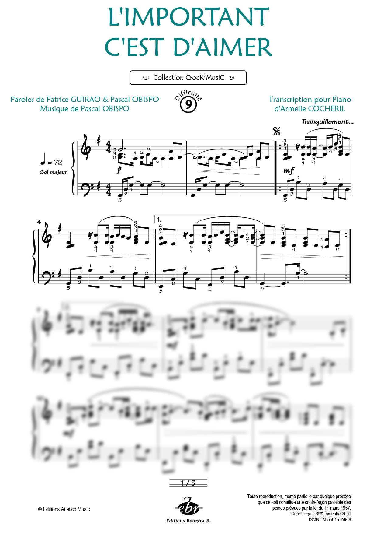 Partition piano L'important c'est d'aimer de Editions Bourgès R.