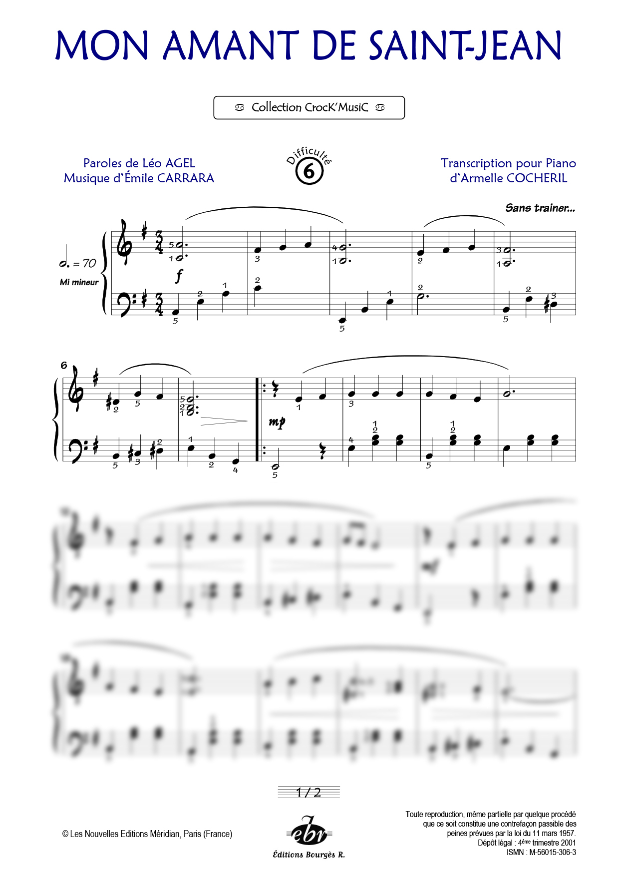 Partition piano Mon amant de Saint-Jean de Editions Bourgès R.