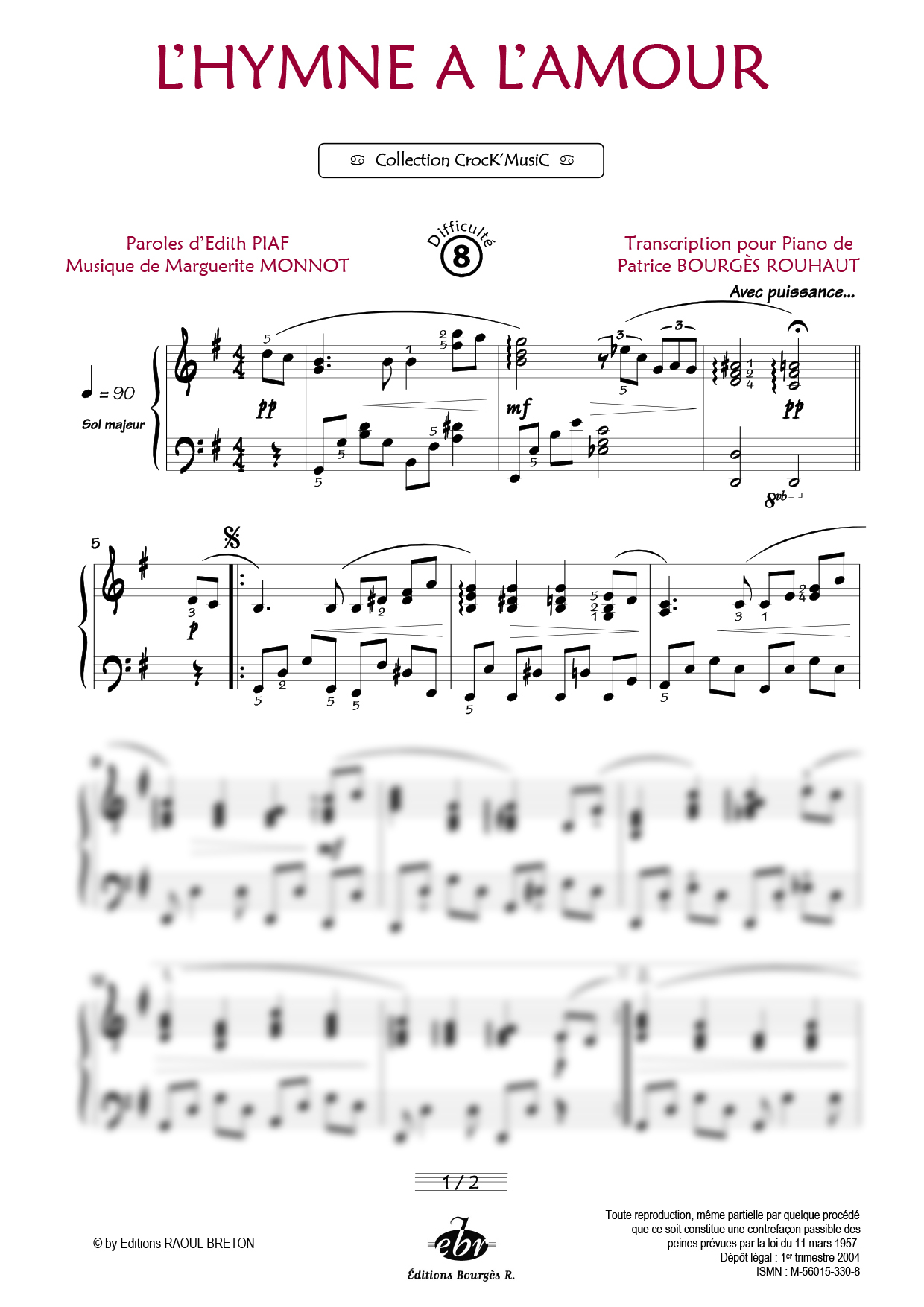 Partition piano L'hymne à l'amour de Editions Bourgès R.