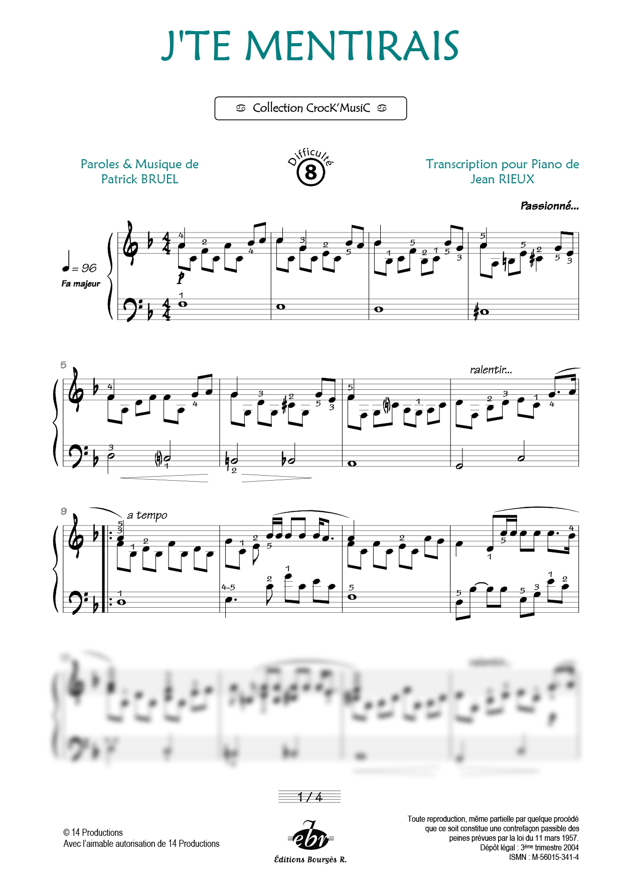 Partition piano J'te mentirais de Editions Bourgès R.