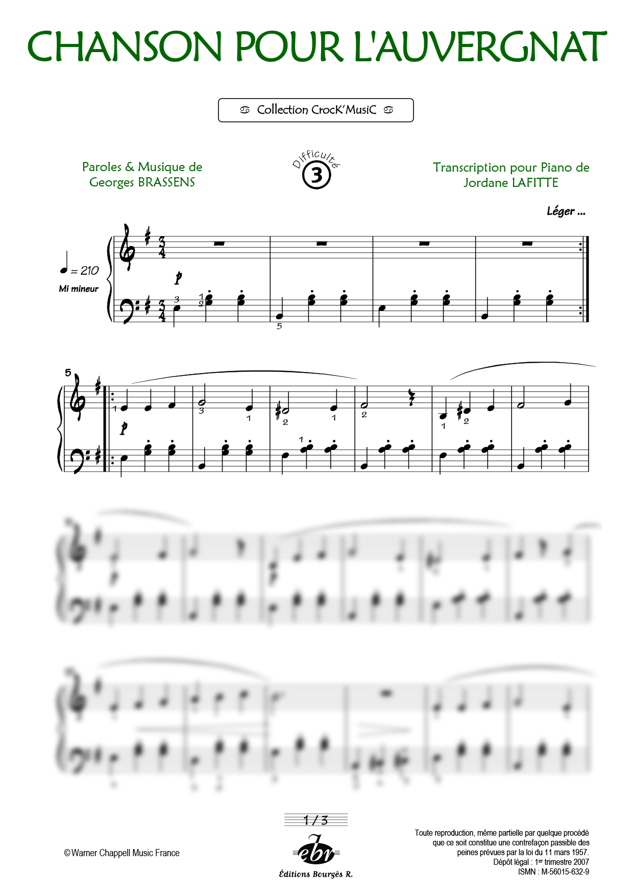 Partition piano Chanson pour l'auvergnat de Editions Bourgès R.