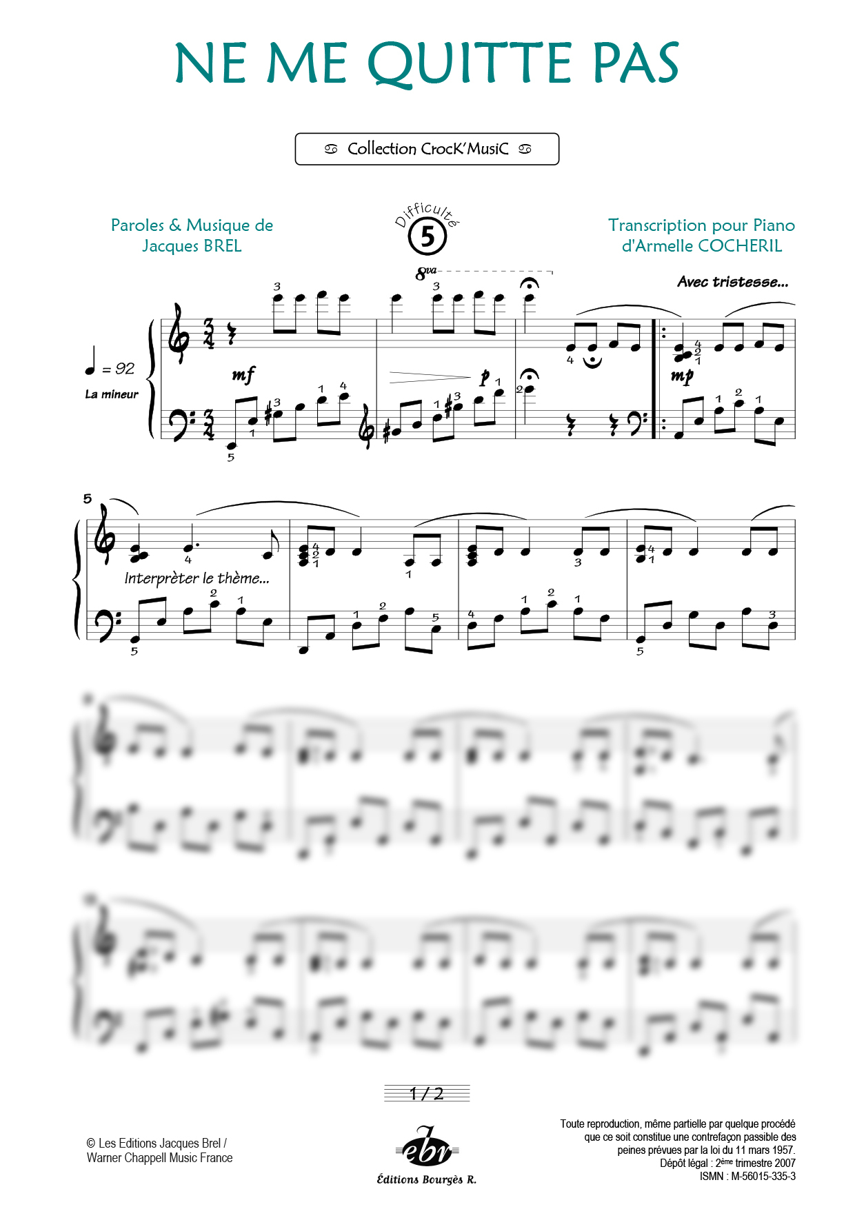 Partition piano Ne me quitte pas de Editions Bourgès R.