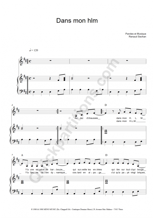 Dans mon hlm Piano Sheet Music - Renaud