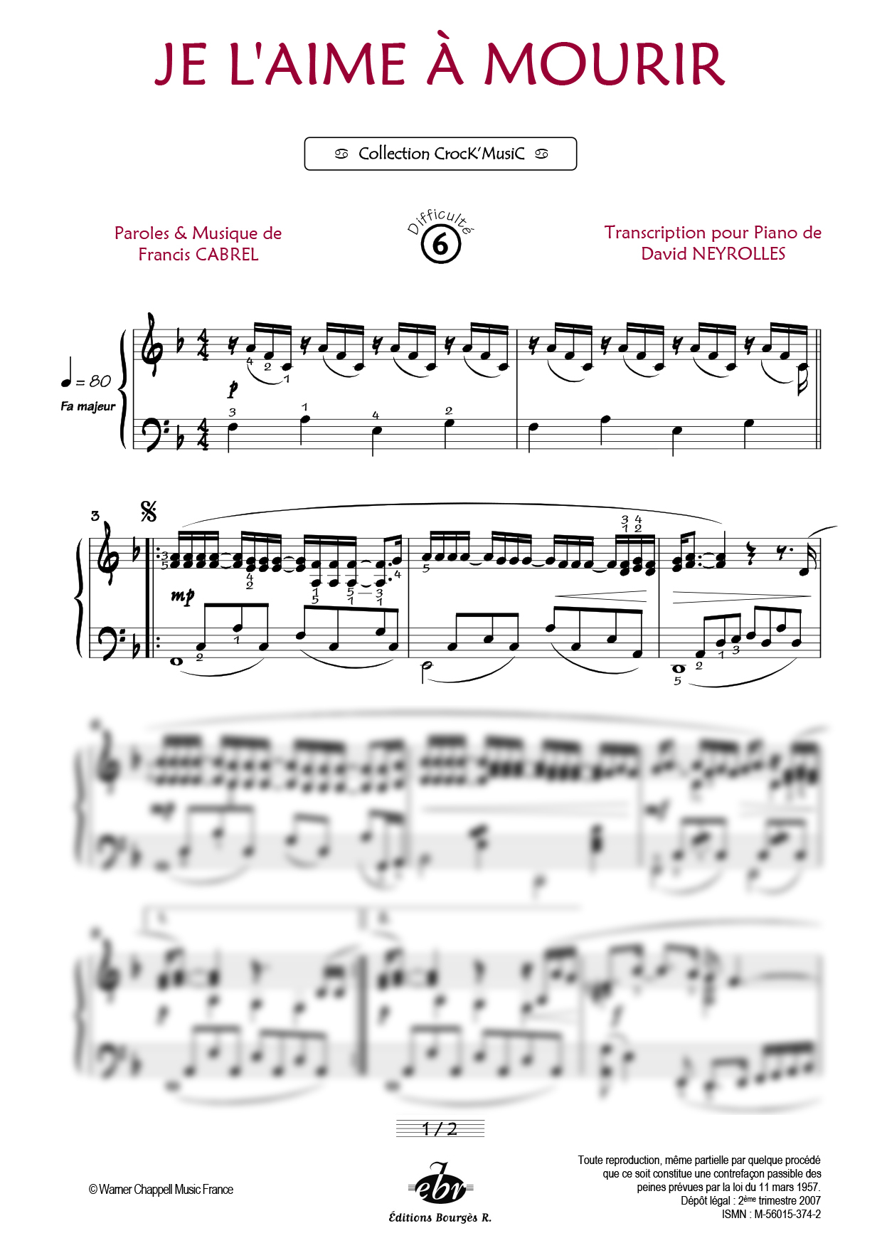 Partition piano Je l'aime à mourir de Editions Bourgès R.
